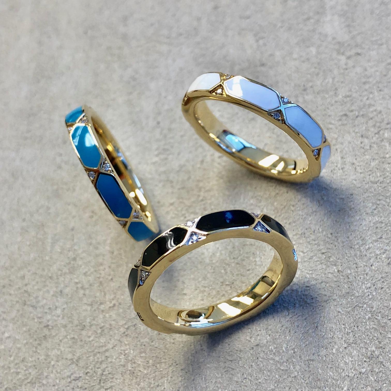 Syna Yellow Gold Turquoise Blue Enamel Ring with Diamonds 1