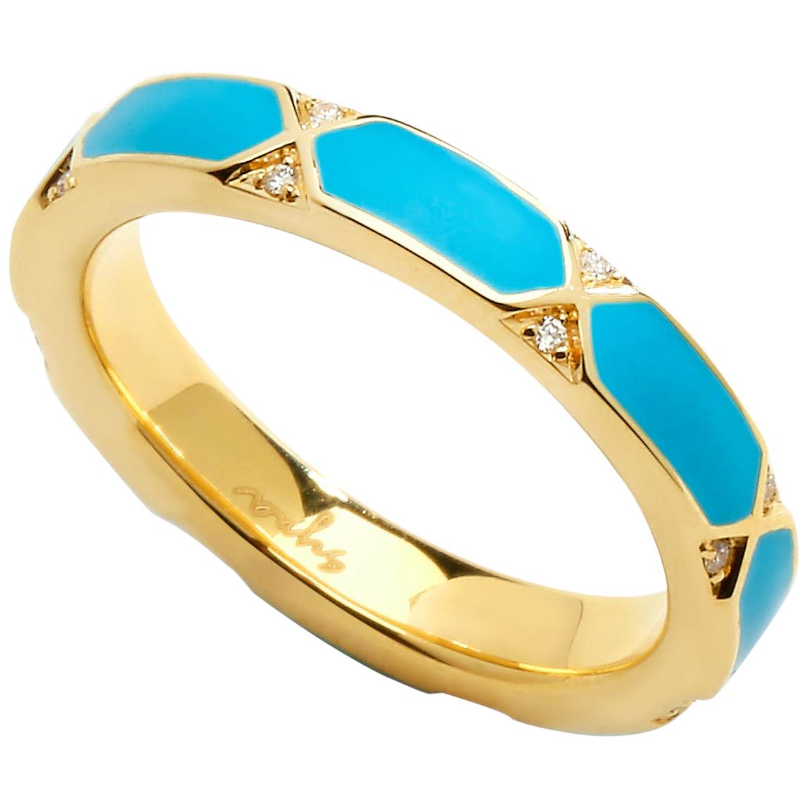 Syna Yellow Gold Turquoise Blue Enamel Ring with Diamonds