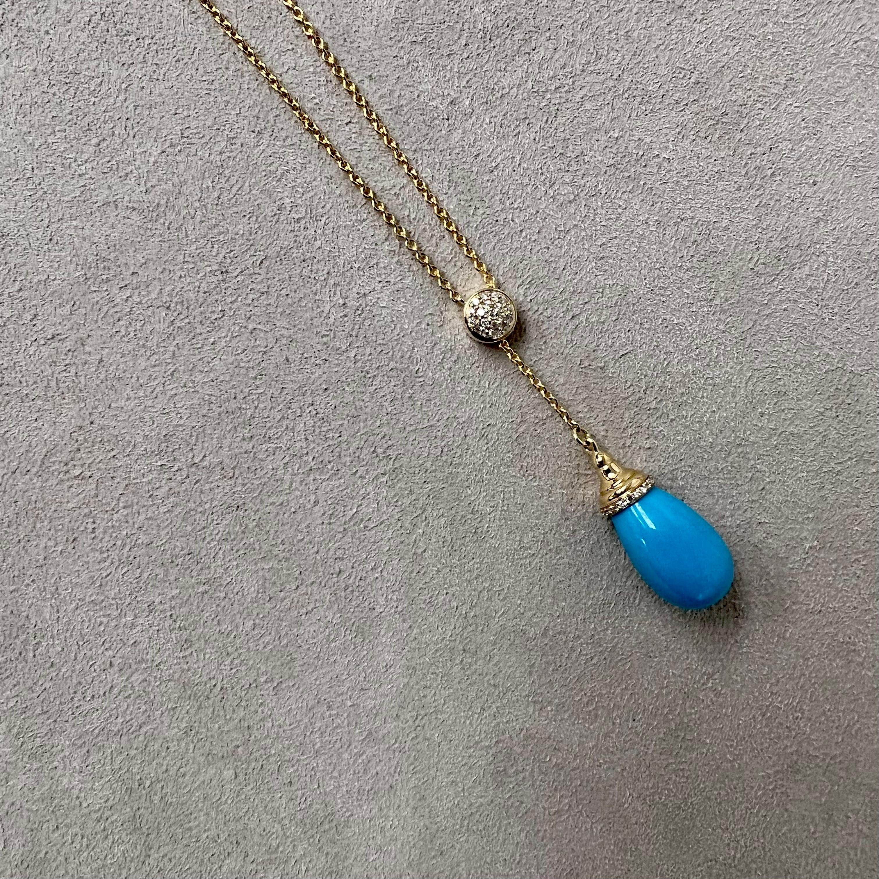 Created in 18 karat yellow gold
Turquoise 14 carats approx.
Diamonds 0.20 carat approx.
24 inch, adjustable lariat
Limited edition

Exquisitely crafted from 18-karat yellow gold, this pendant is set with a stunning turquoise of approximately 14