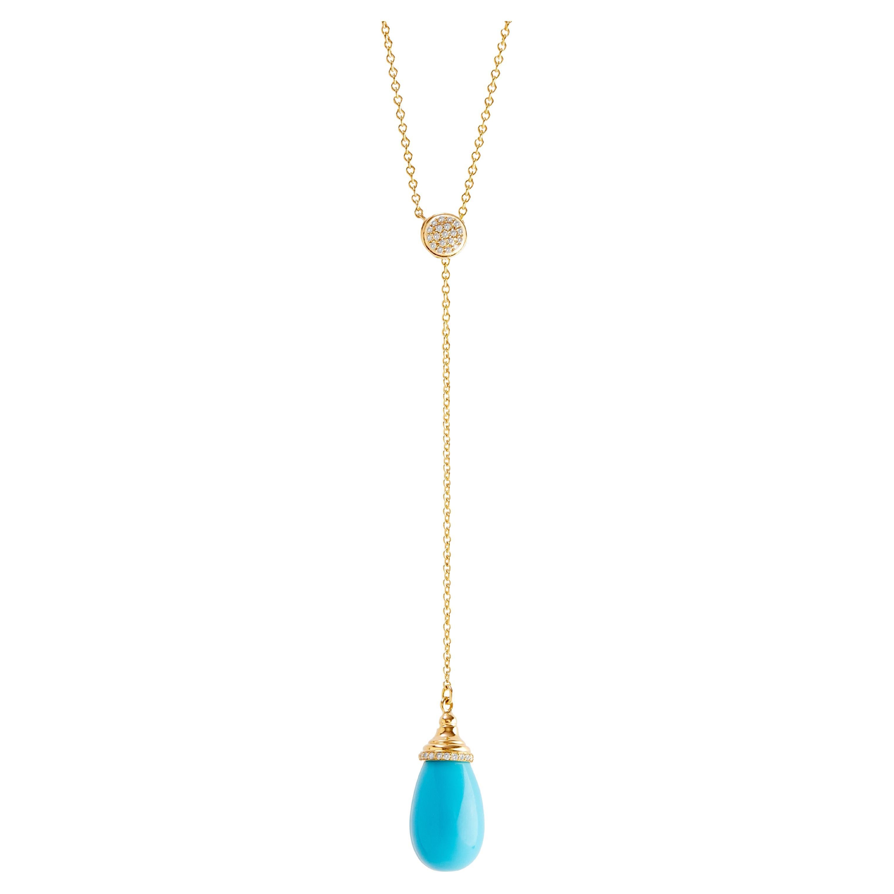 Syna Yellow Gold Turquoise Lariat Necklace with Diamonds For Sale