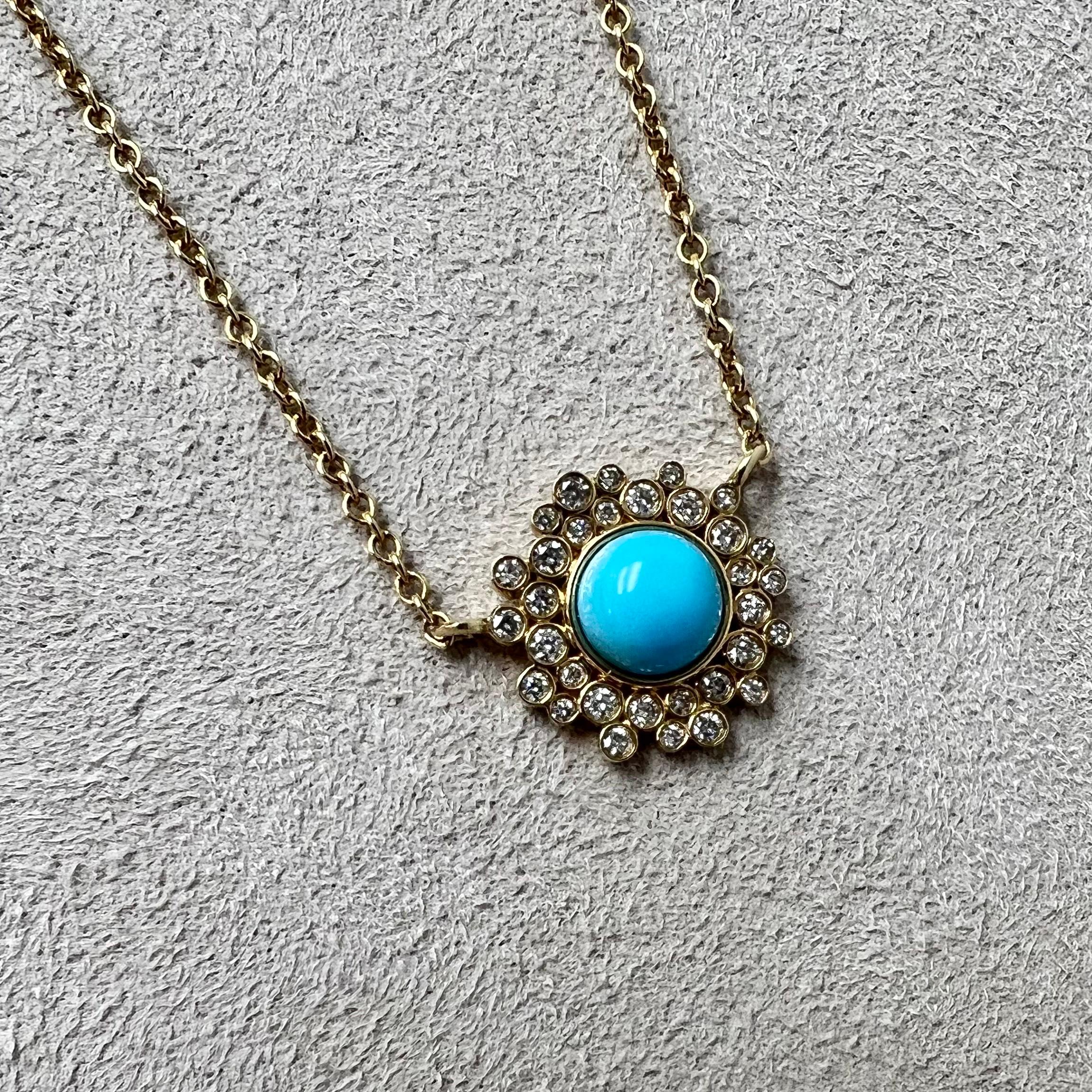 Created in 18 karat yellow gold
Turquoise 2 carats approx.
Diamonds 0.30 carat approx.
18 inch length, adjustable at 16-17
Lobster clasp
Limited edition

Crafted from 18 karat yellow gold, this limited edition necklace features approximately two