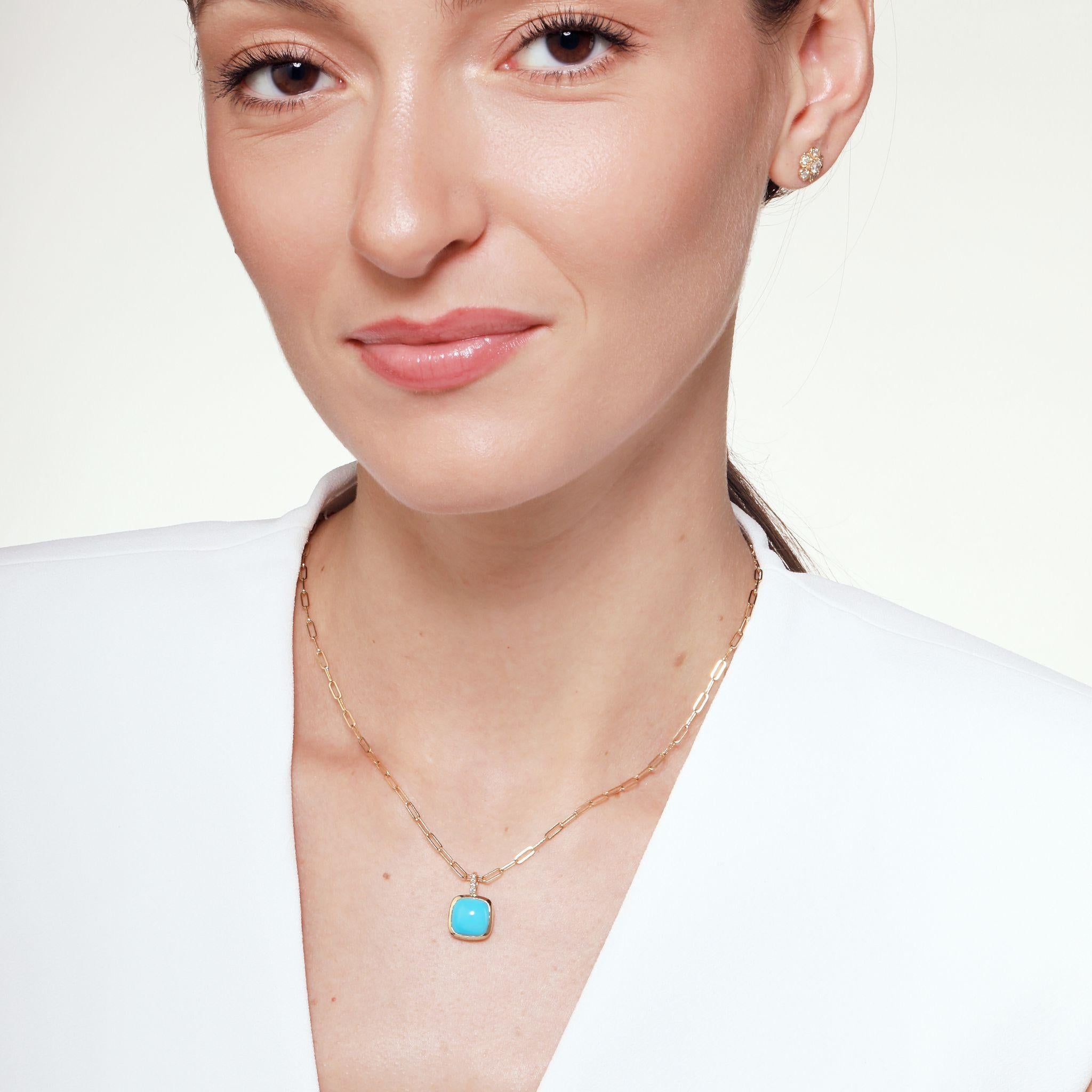 Contemporary Syna Yellow Gold Turquoise Sugarloaf Pendant with Diamonds For Sale