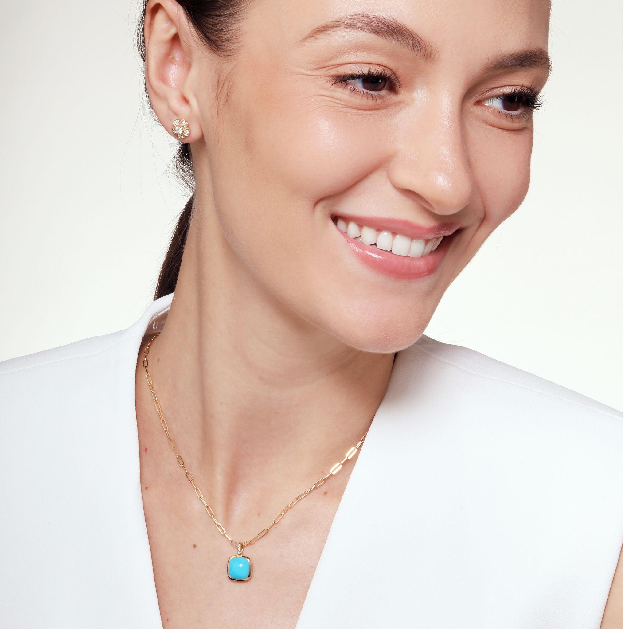 Mixed Cut Syna Yellow Gold Turquoise Sugarloaf Pendant with Diamonds For Sale