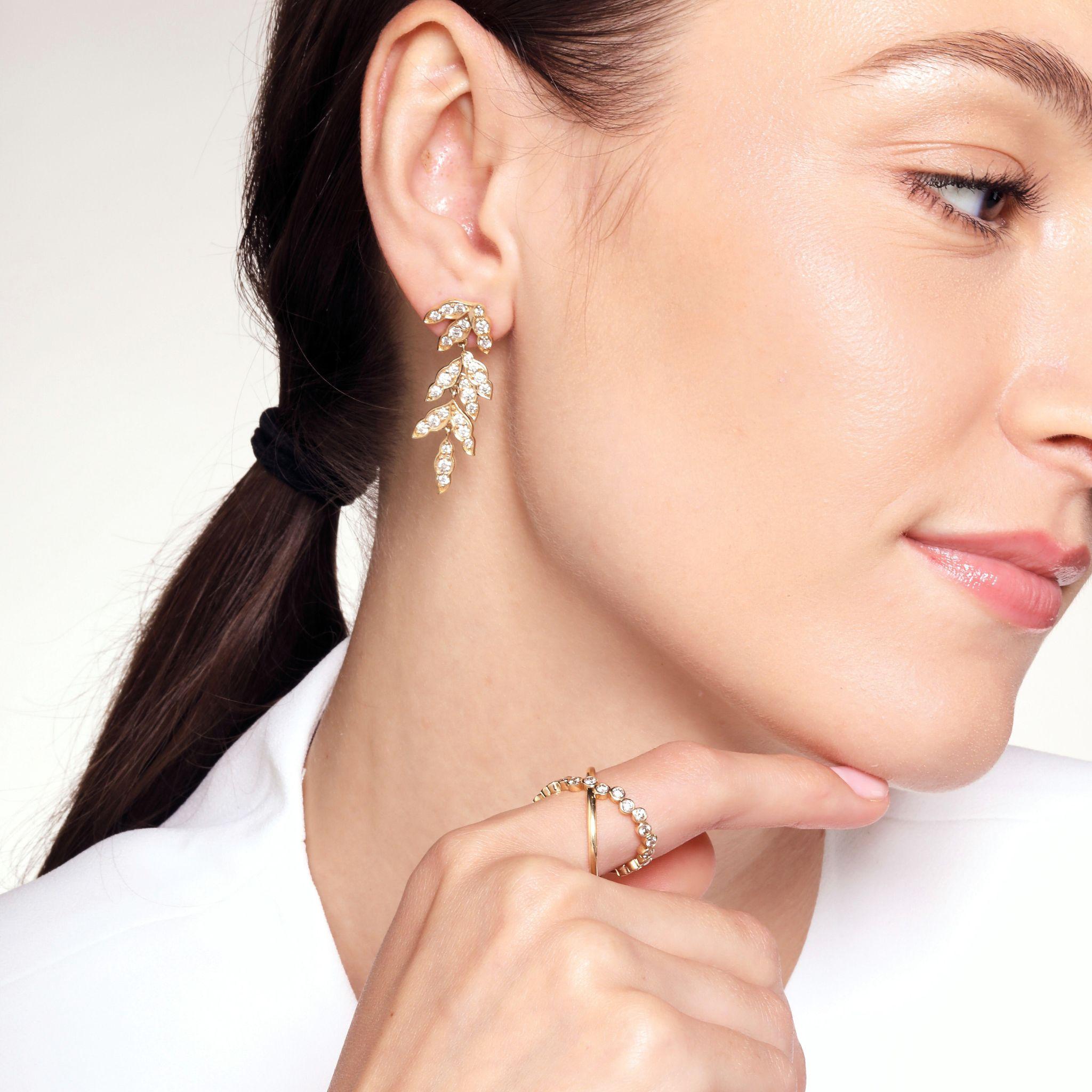 Contemporary Syna Yellow Gold Vine Drop Earrings with Diamonds For Sale