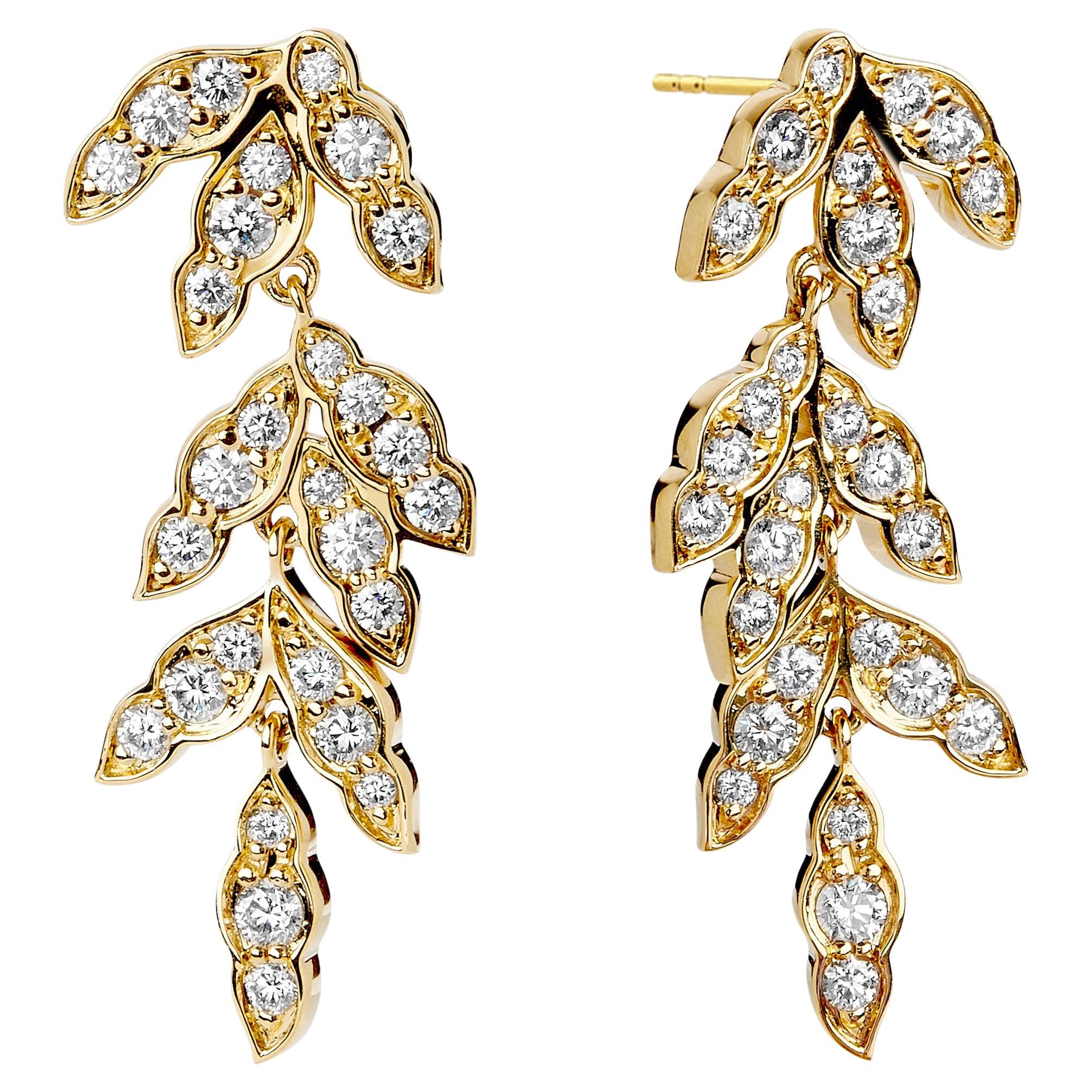 Syna Yellow Gold Vine Drop Earrings with Diamonds For Sale