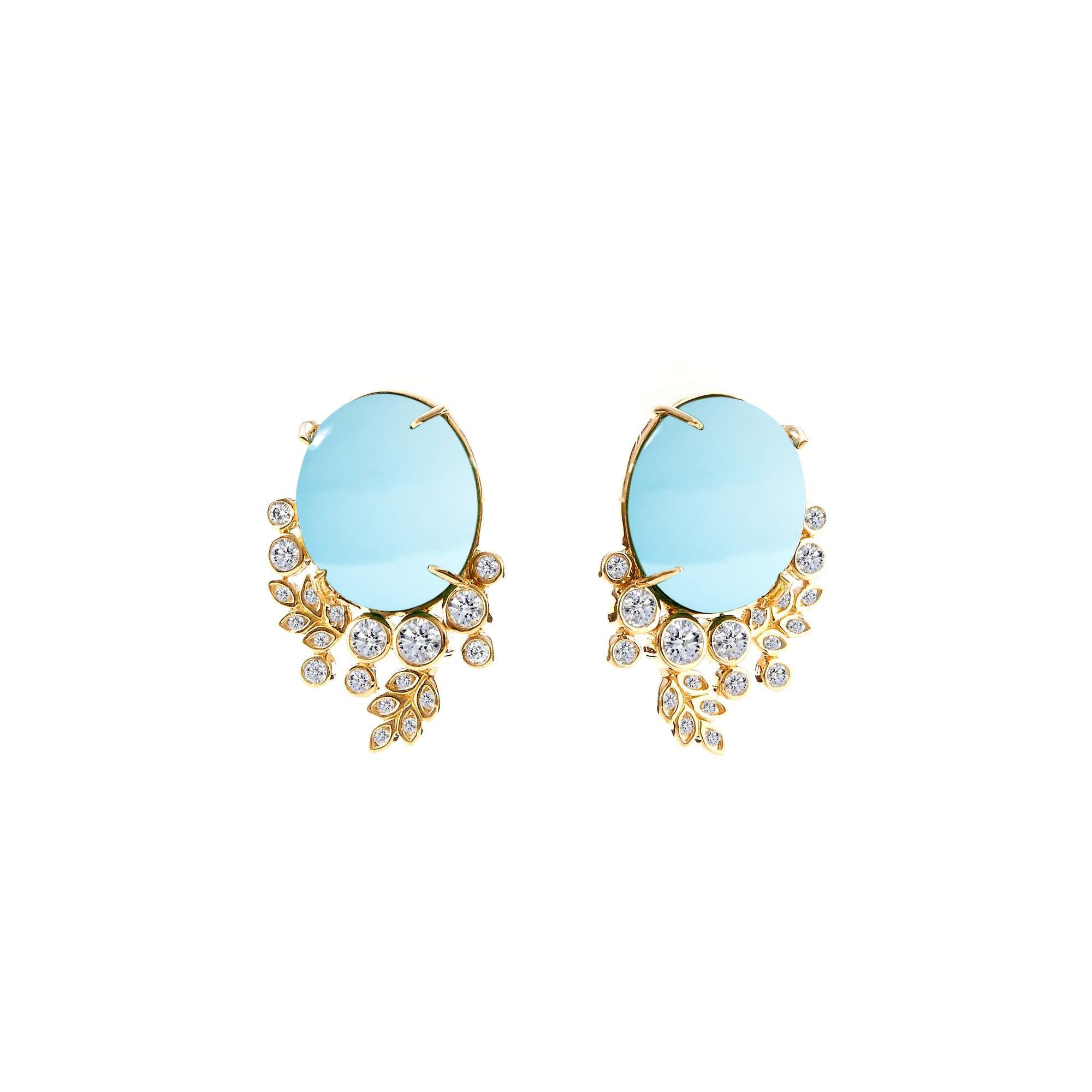 Contemporary Syna Yellow Gold Vine Earrings with Blue Topaz and Diamonds For Sale