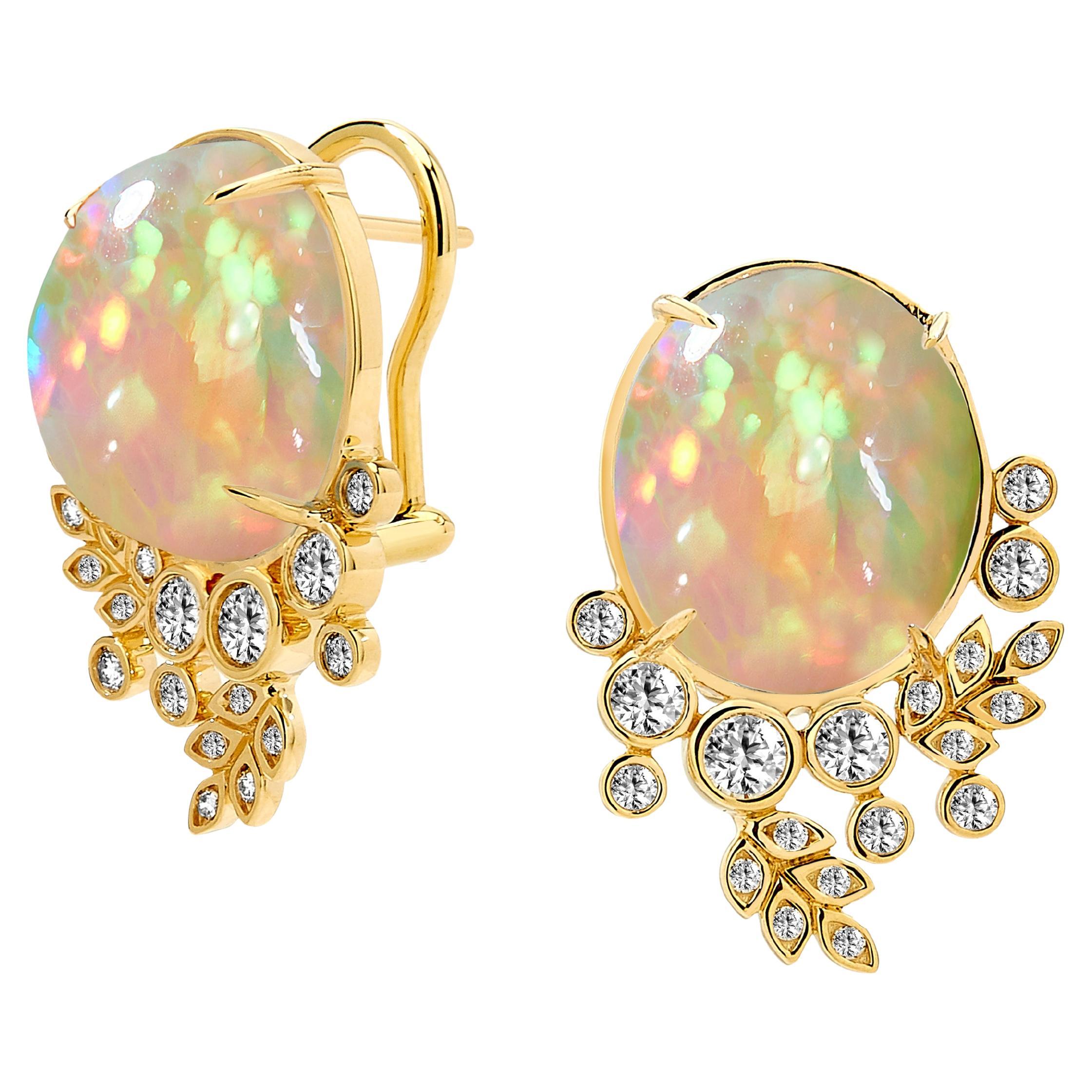 Syna Yellow Gold Vine Earrings with Ethiopian Opal and Diamonds For Sale