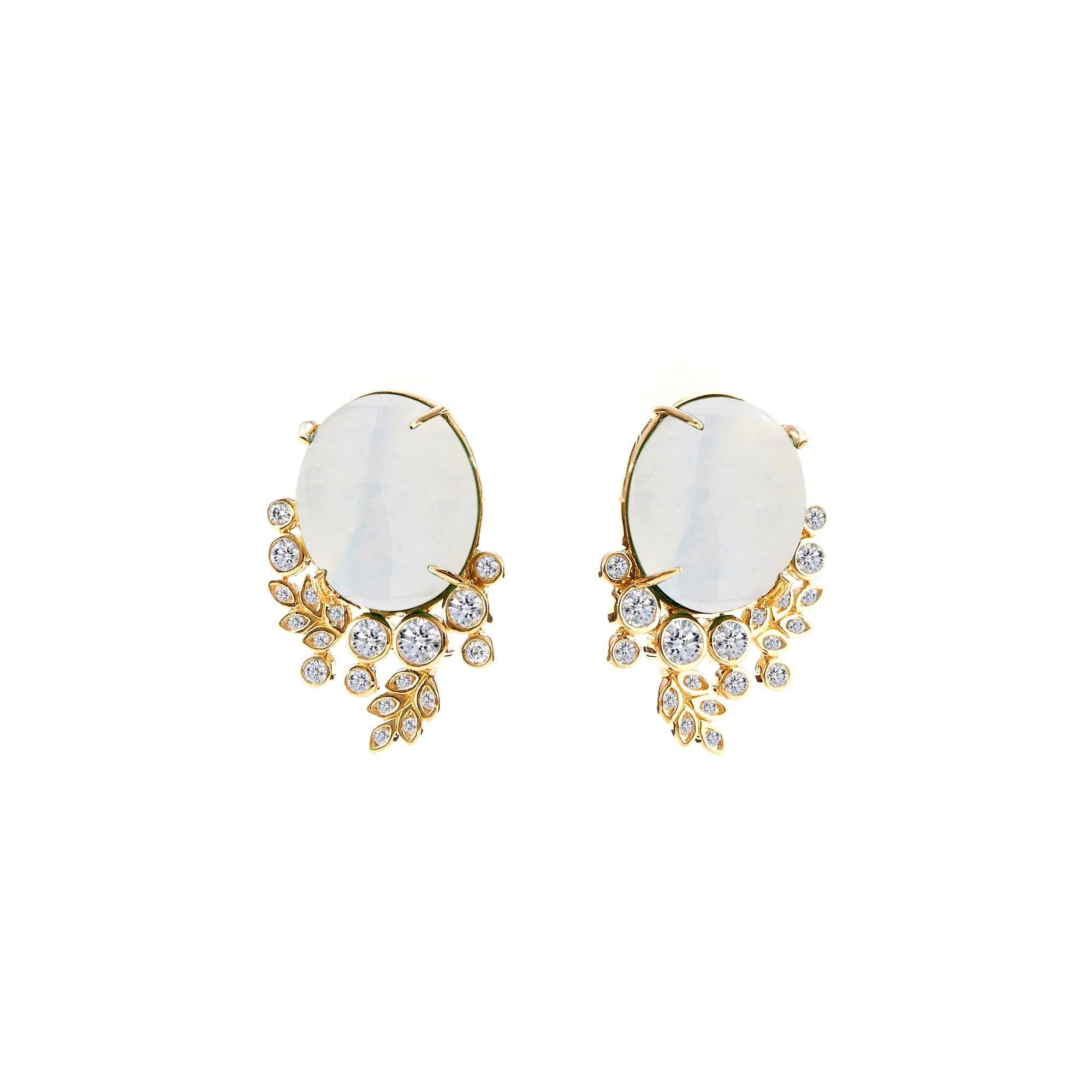 Syna Yellow Gold Vine Earrings with Moon Quartz and Diamonds In New Condition For Sale In Fort Lee, NJ