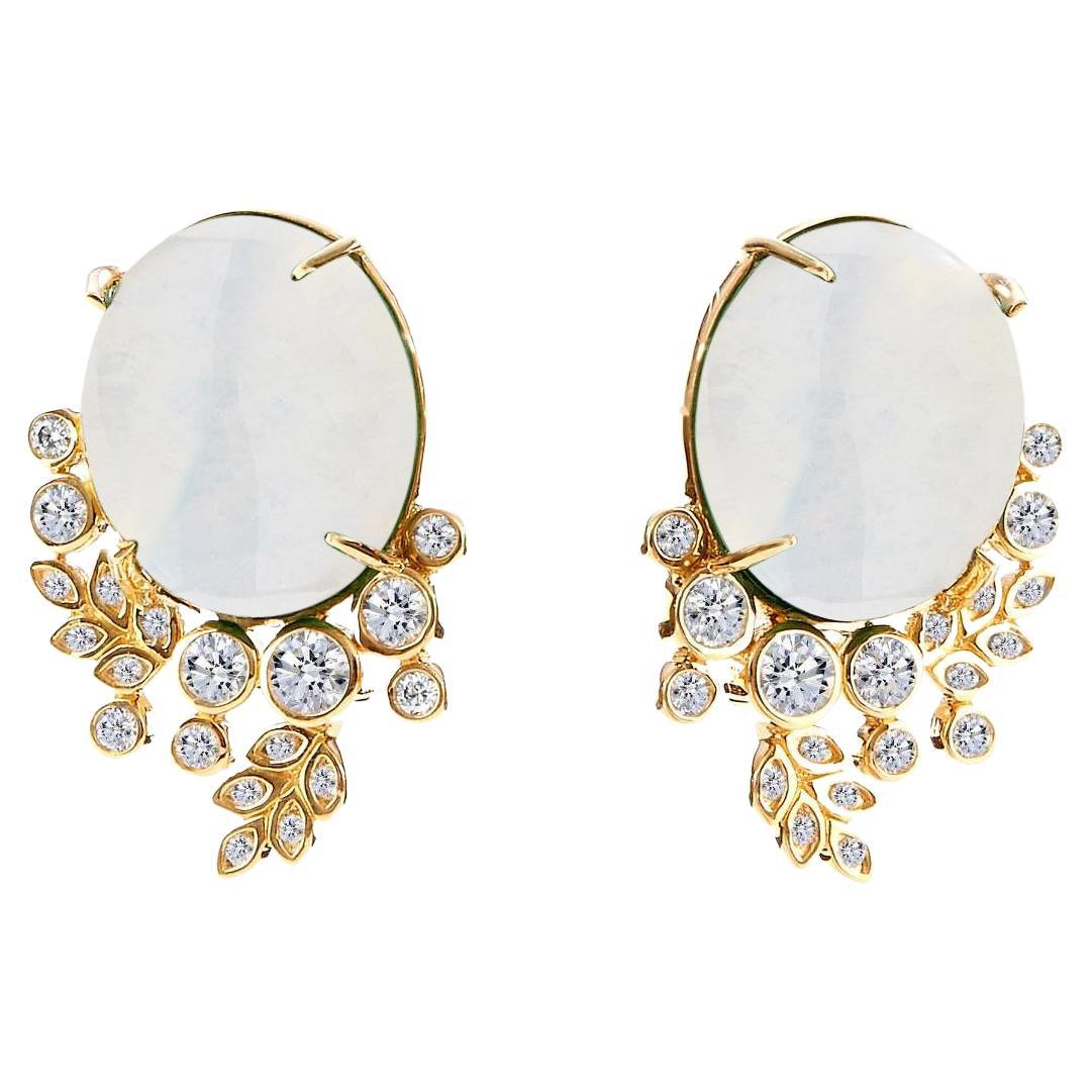 Syna Yellow Gold Vine Earrings with Moon Quartz and Diamonds