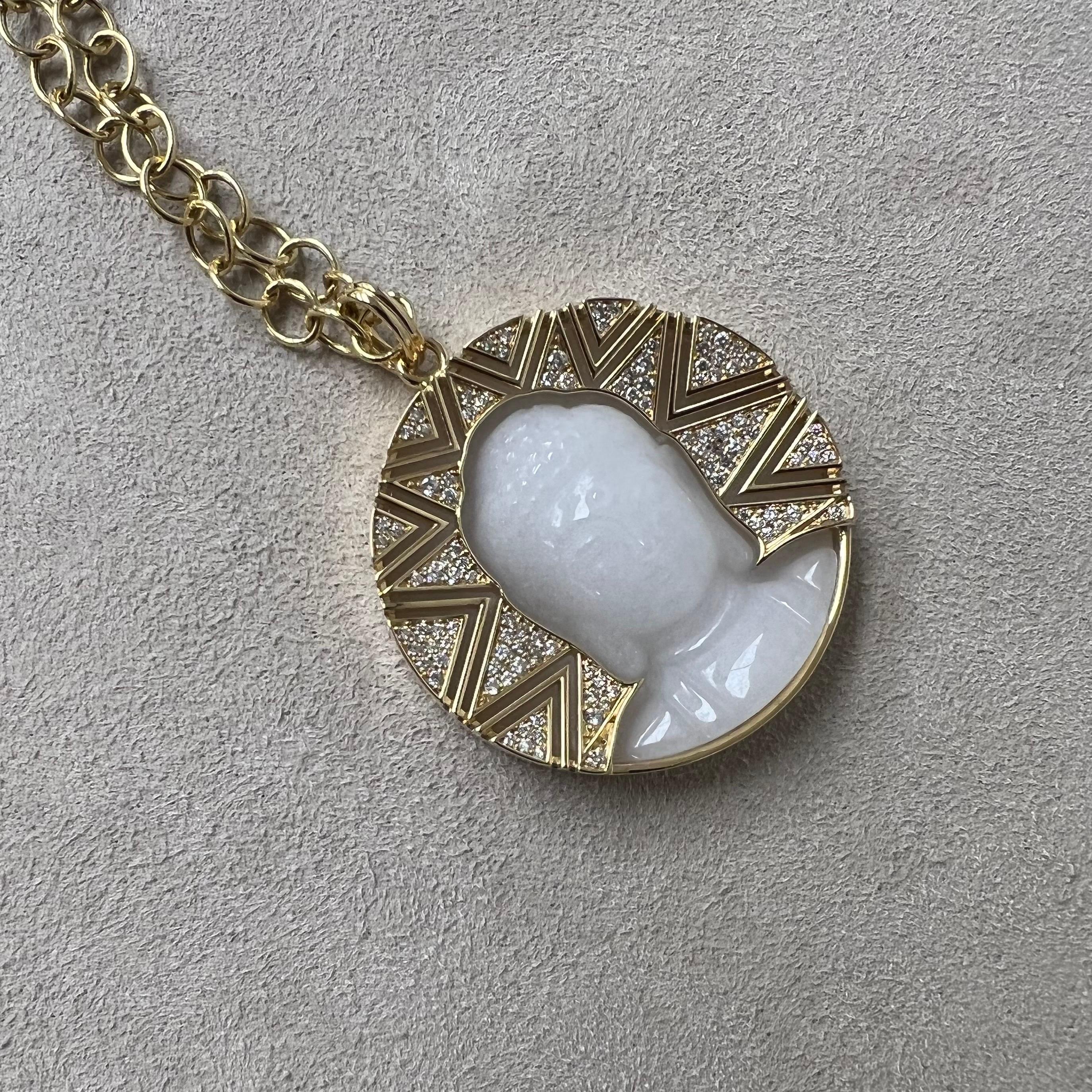 Contemporary Syna Yellow Gold White Agate Buddha Pendant with Diamonds For Sale