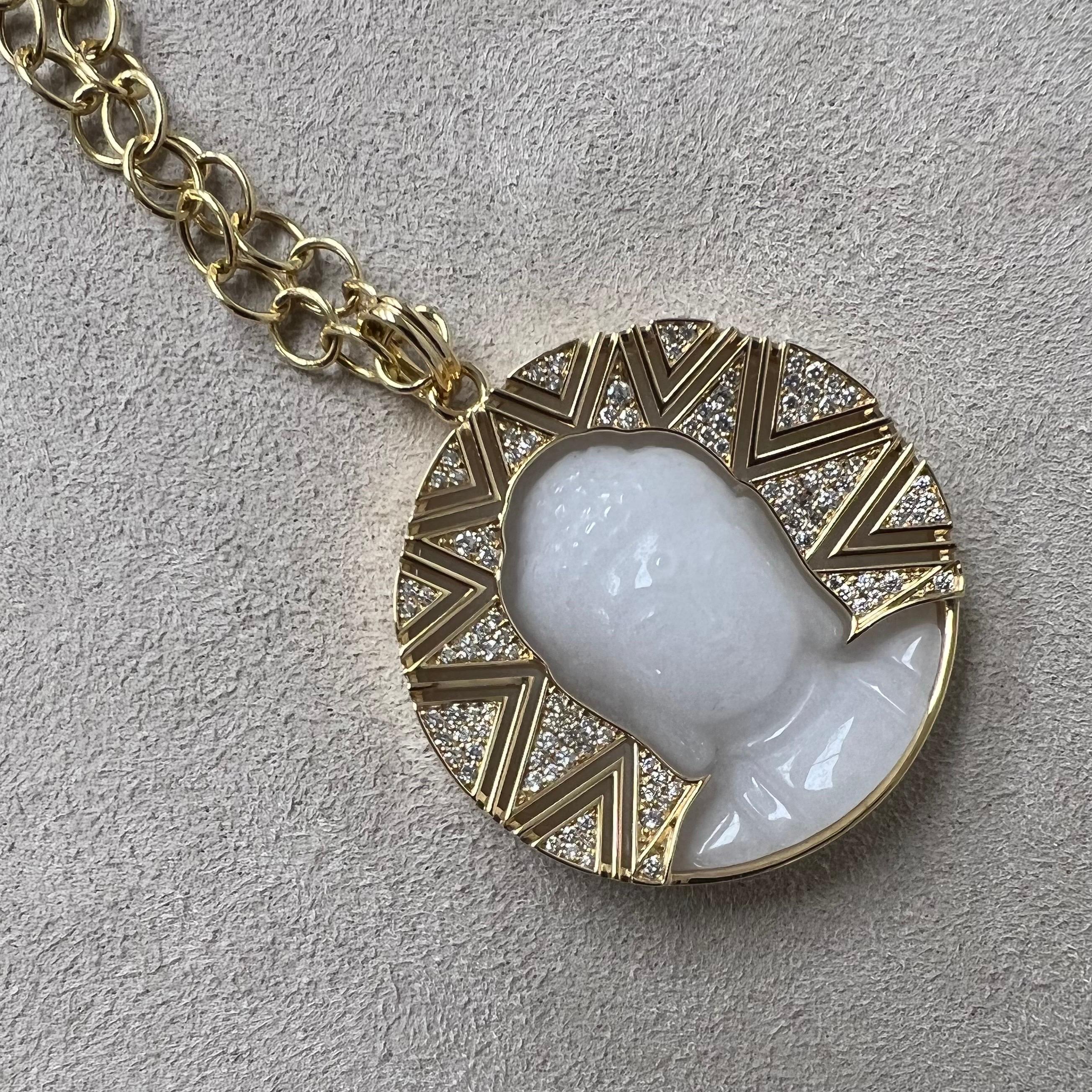 Round Cut Syna Yellow Gold White Agate Buddha Pendant with Diamonds For Sale