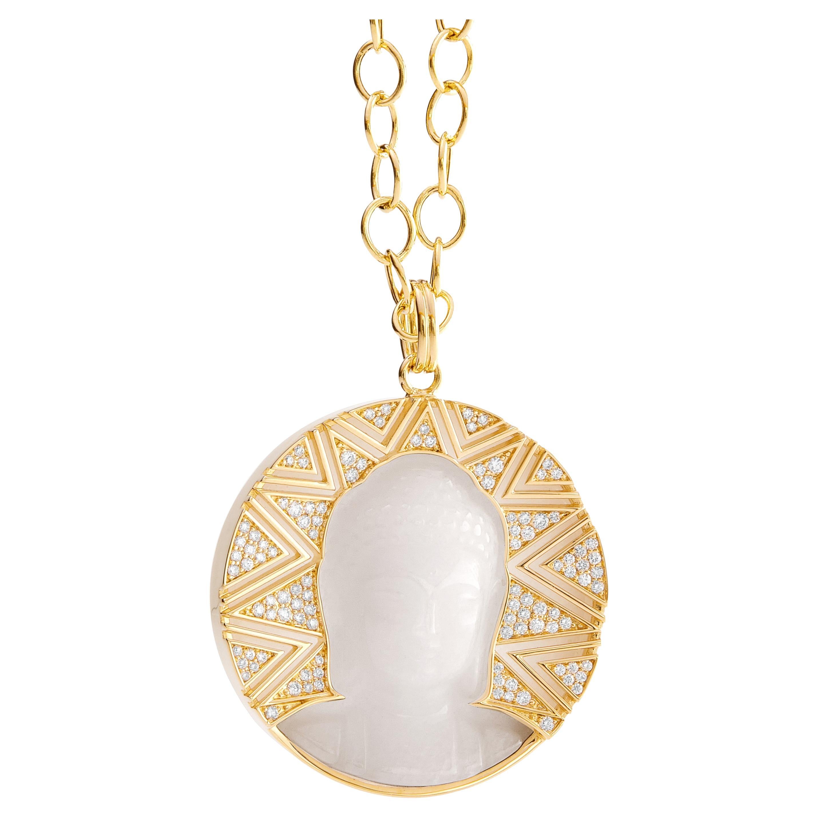 Syna Yellow Gold White Agate Buddha Pendant with Diamonds