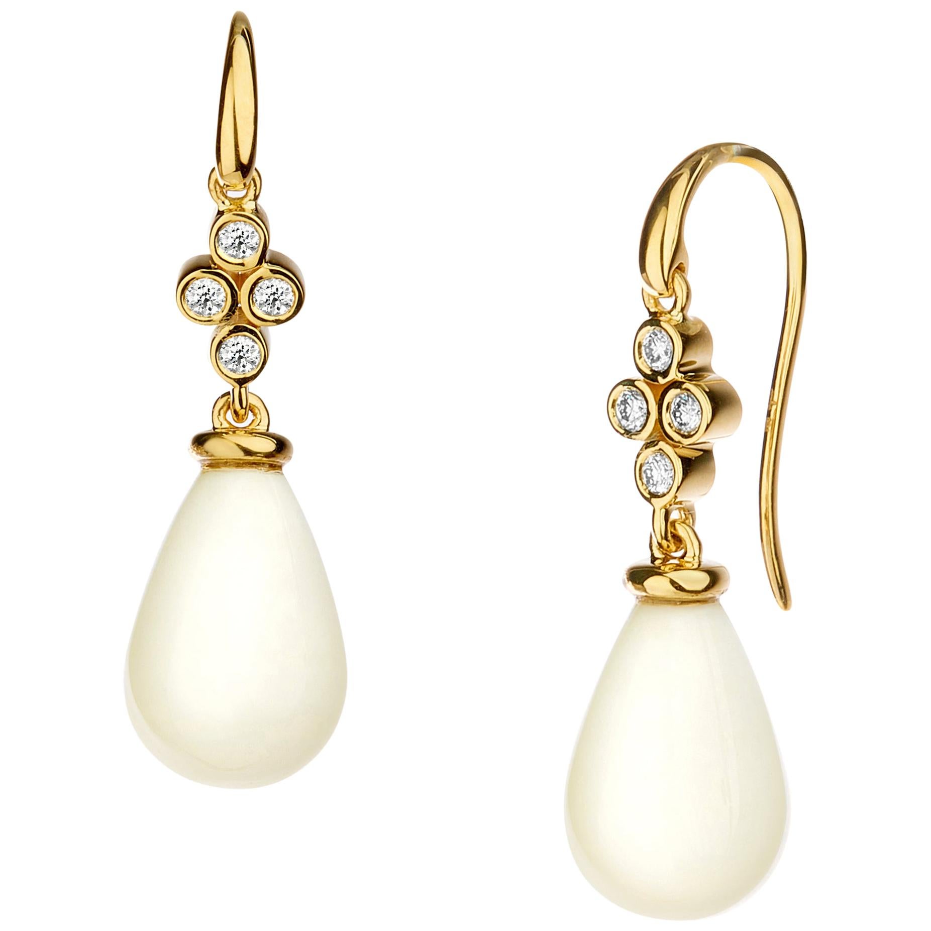Syna Yellow Gold White Agate Drop Earrings with Champagne Diamonds