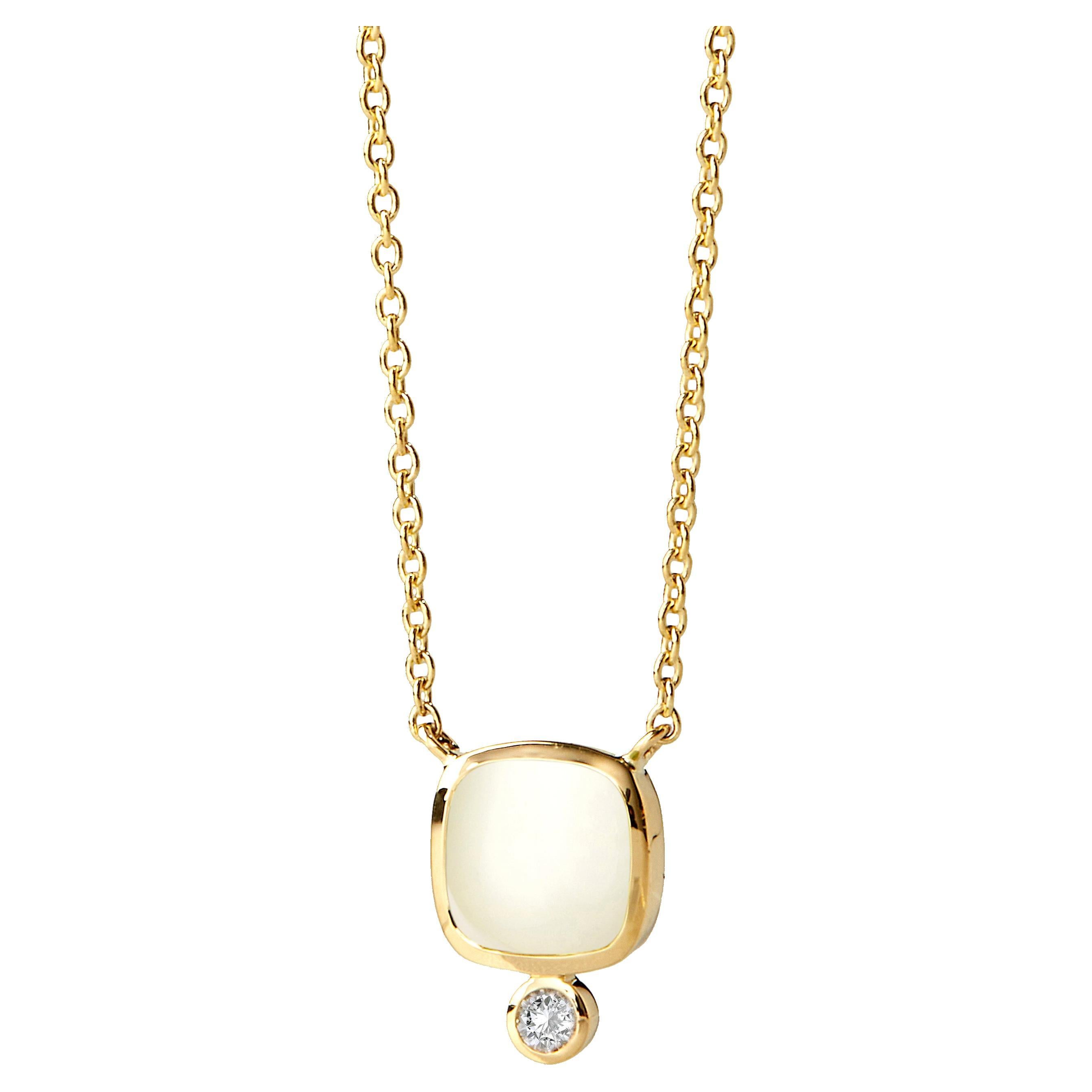 Syna Yellow Gold White Agate Necklace with Diamonds For Sale