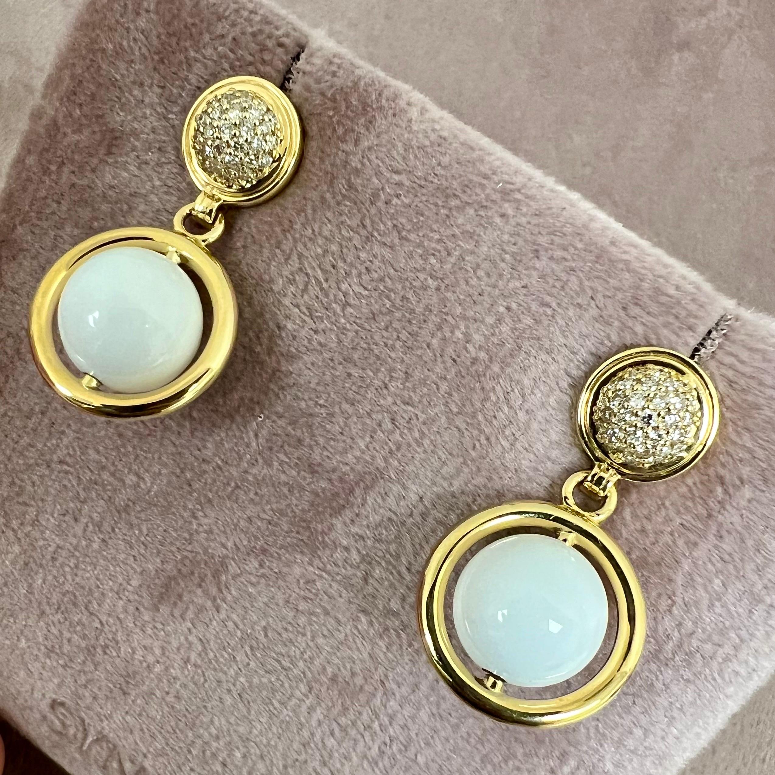 Contemporary Syna Yellow Gold White Agate Rotating Bead Earrings with Diamonds For Sale