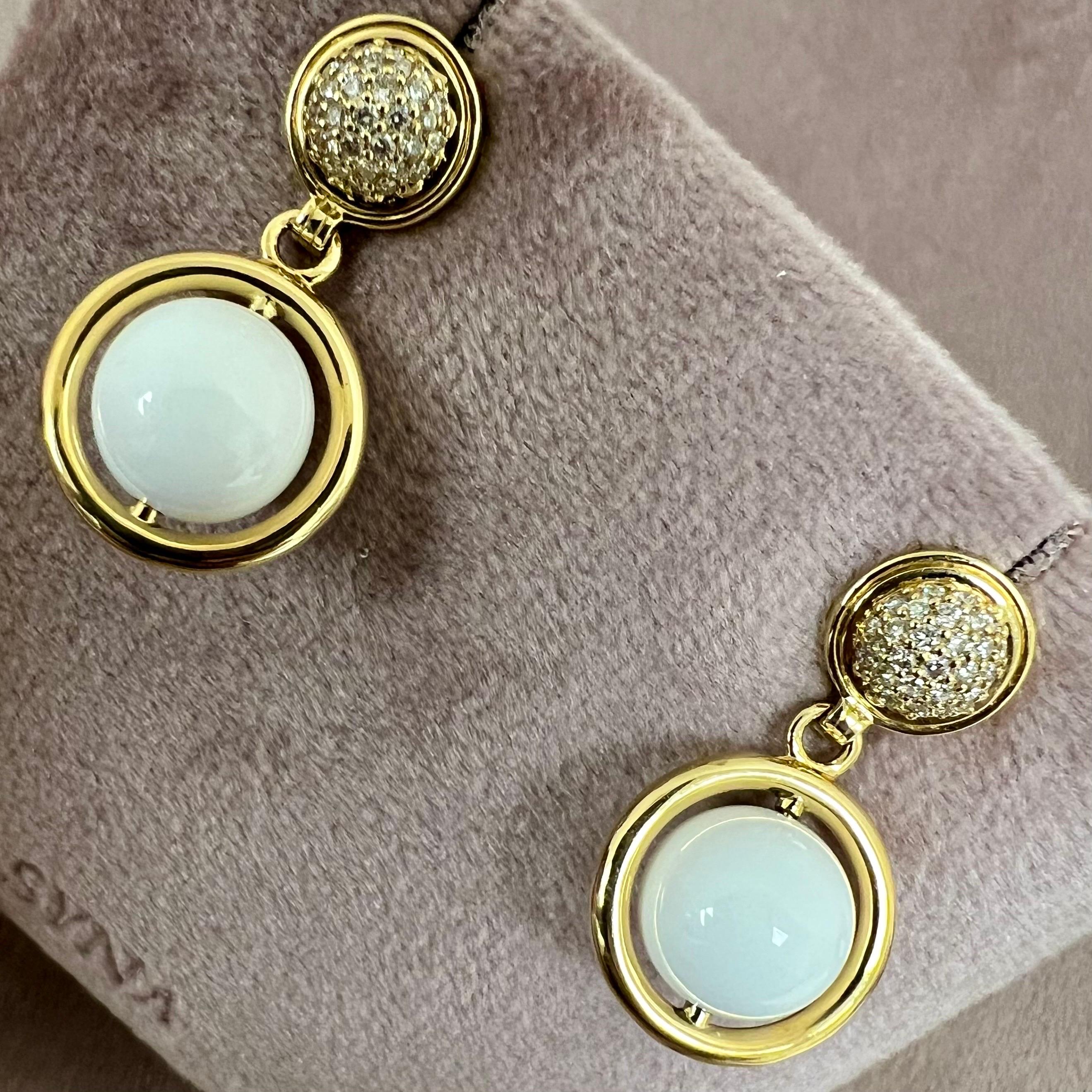 Round Cut Syna Yellow Gold White Agate Rotating Bead Earrings with Diamonds For Sale