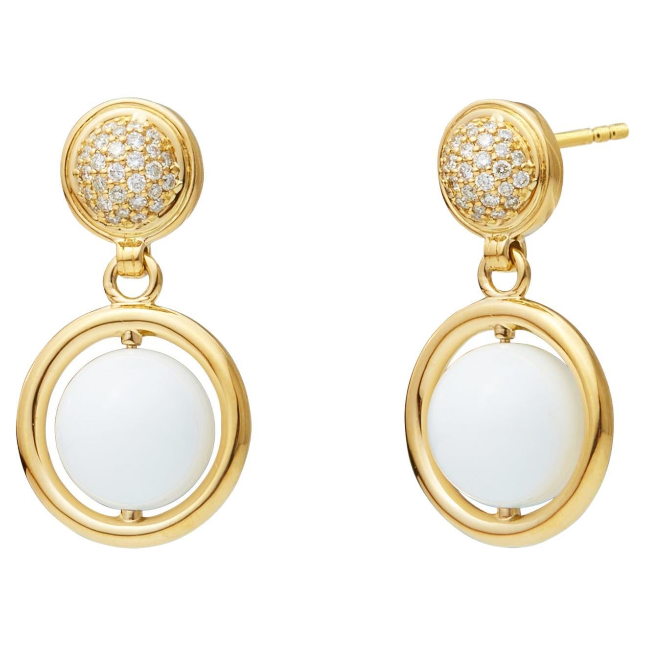 Syna Yellow Gold White Agate Rotating Bead Earrings with Diamonds For Sale