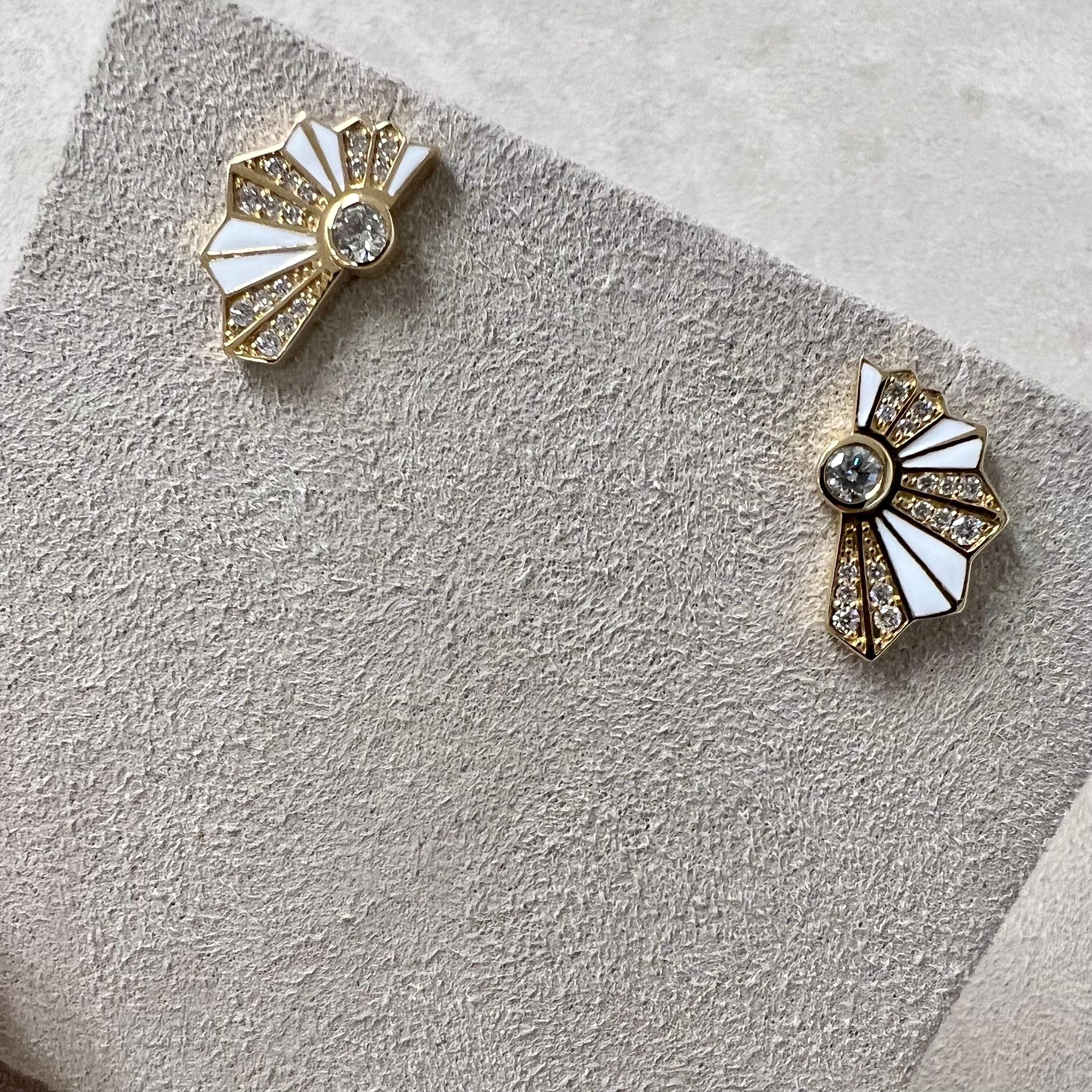 Contemporary Syna Yellow Gold White Enamel Earrings with Diamonds For Sale