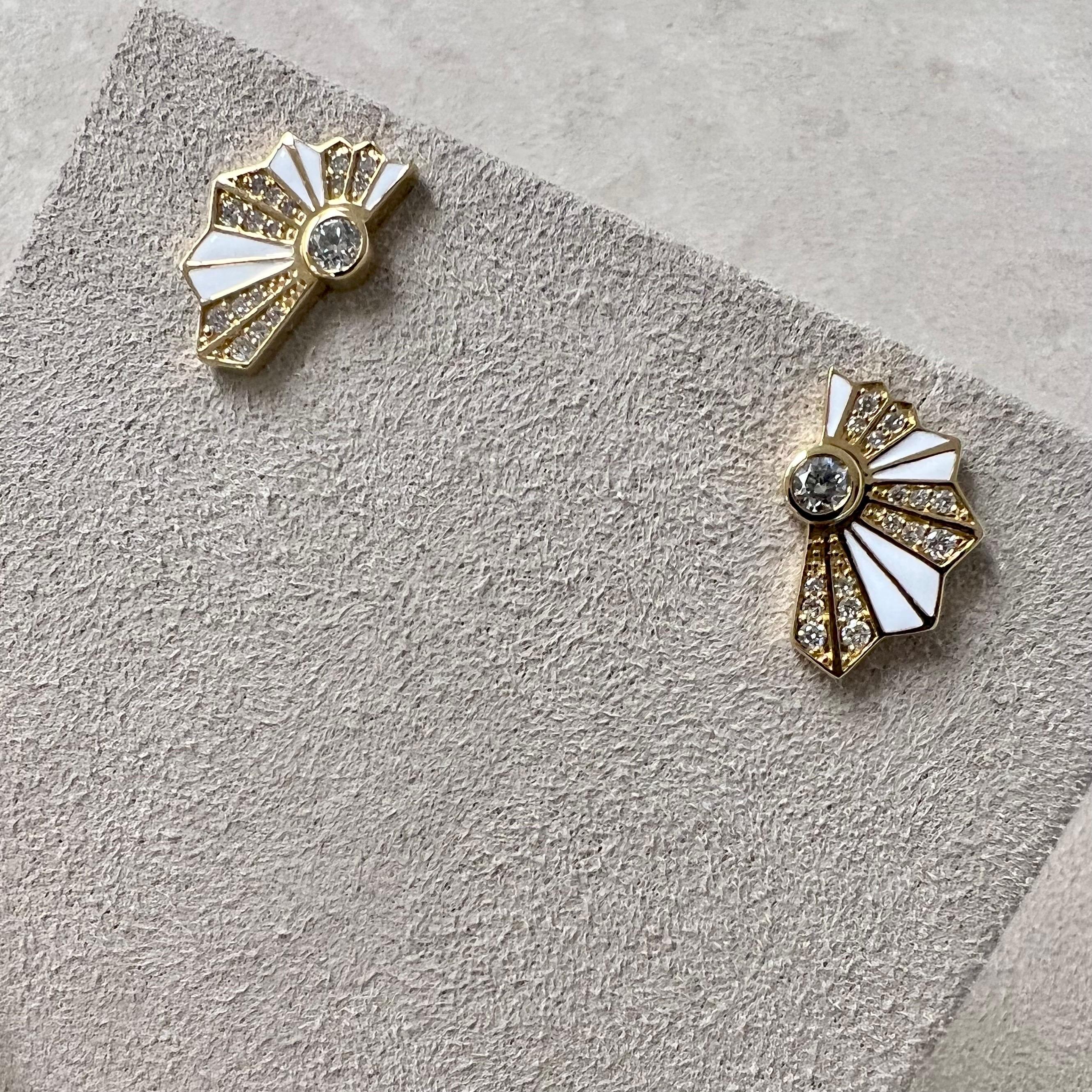 Syna Yellow Gold White Enamel Earrings with Diamonds In New Condition For Sale In Fort Lee, NJ