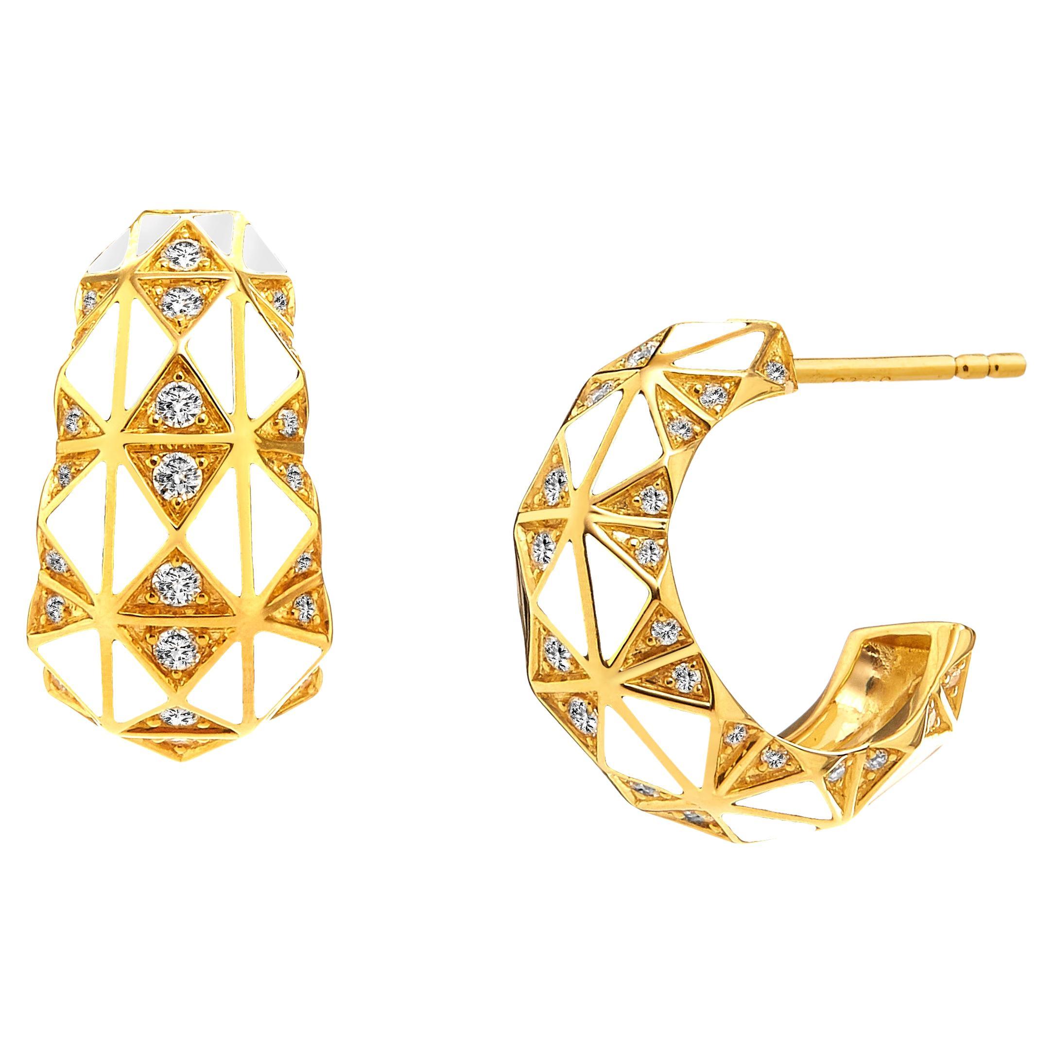 Syna Yellow Gold White Enamel Earrings with Diamonds For Sale