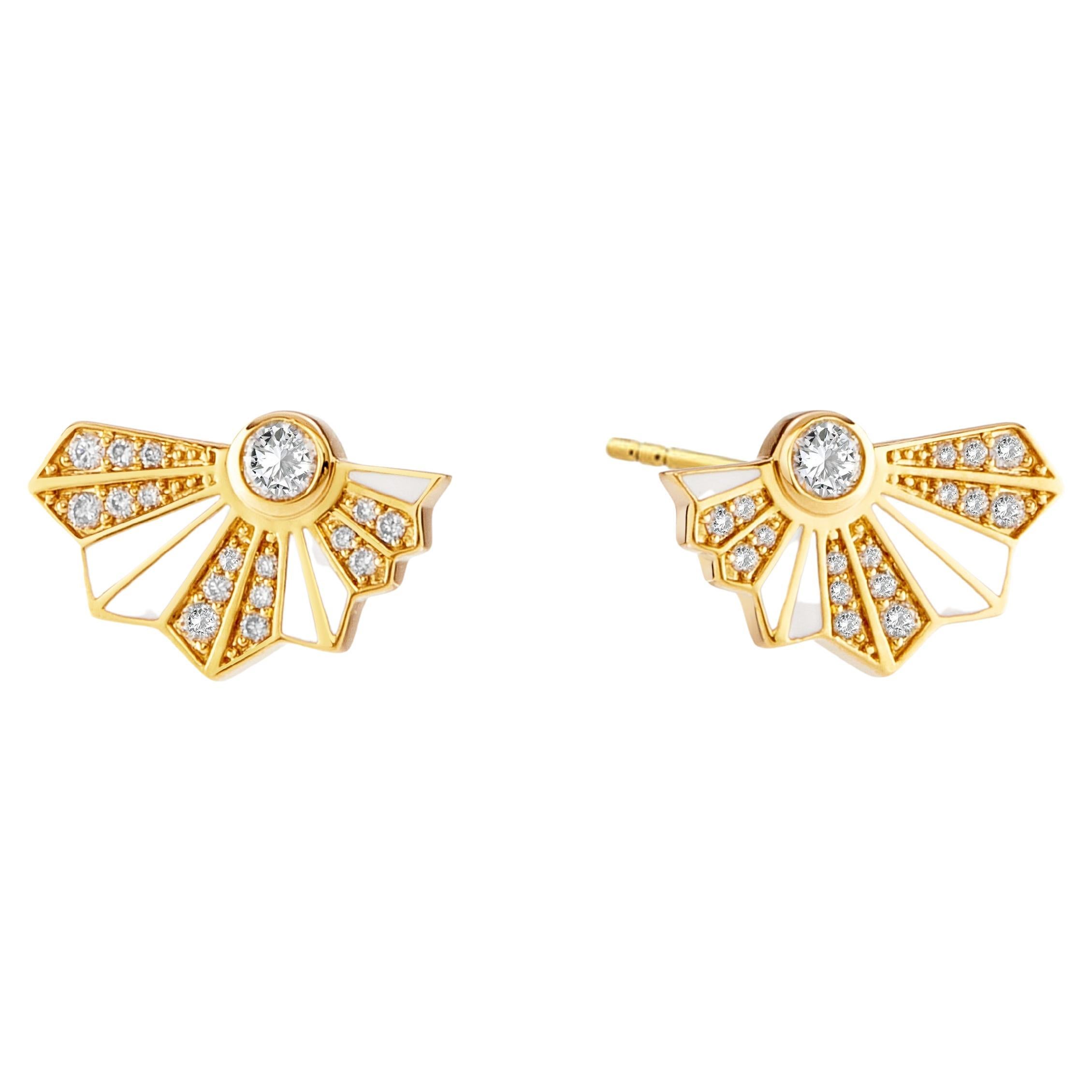 Syna Yellow Gold White Enamel Earrings with Diamonds For Sale