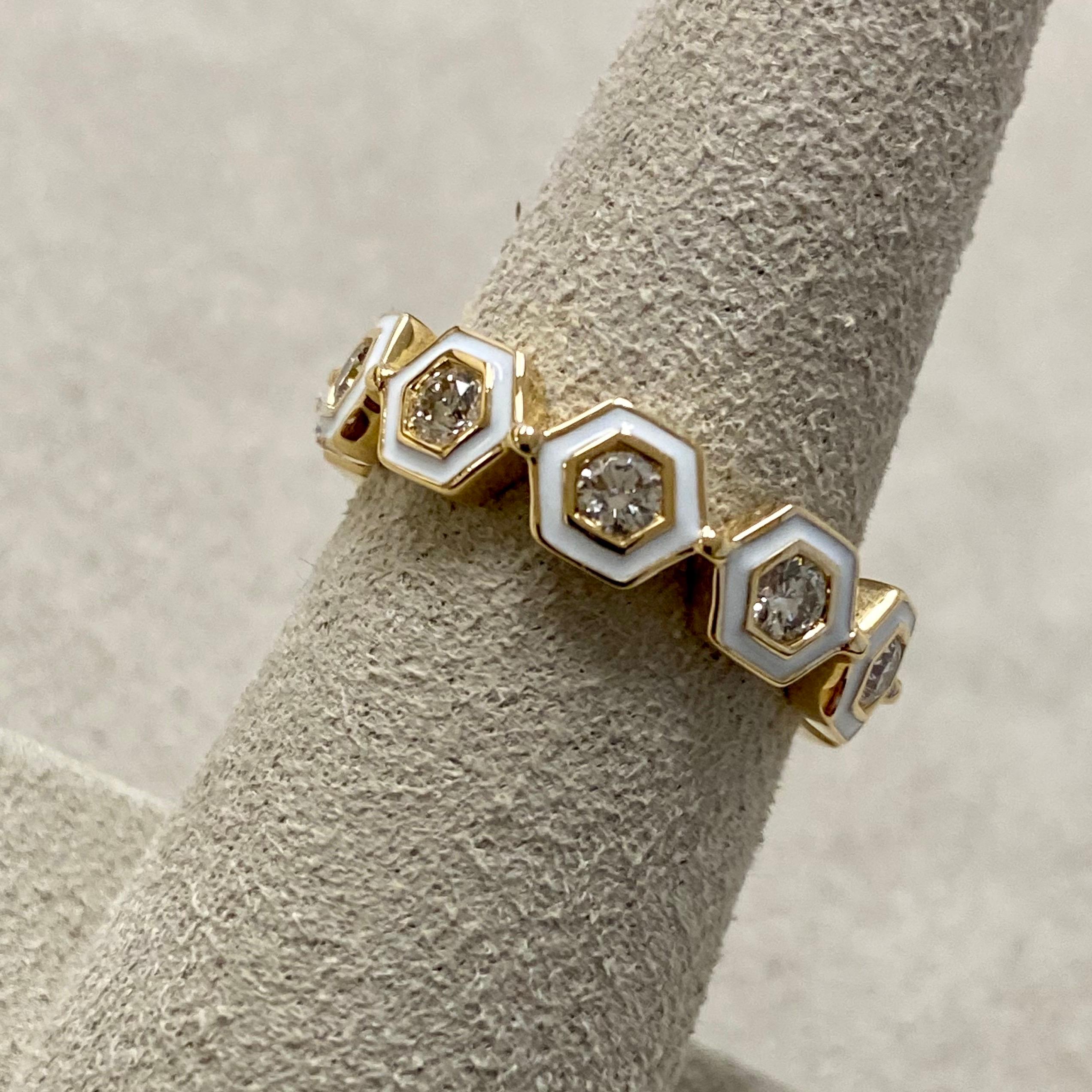 Contemporary Syna Yellow Gold White Enamel Ring with Diamonds For Sale
