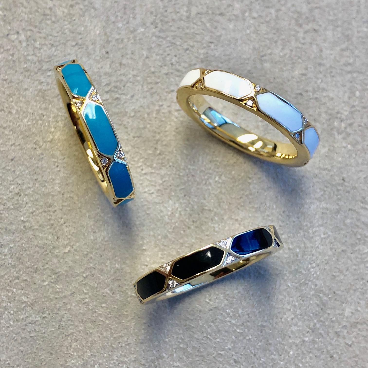 Created in 18 karat yellow gold
White enamel 
Diamonds 0.06 ct approx
Can be stacked with other colors. Other colors available are black and turquoise blue
Ring size US 6.5, Can be made in other ring sizes on special order