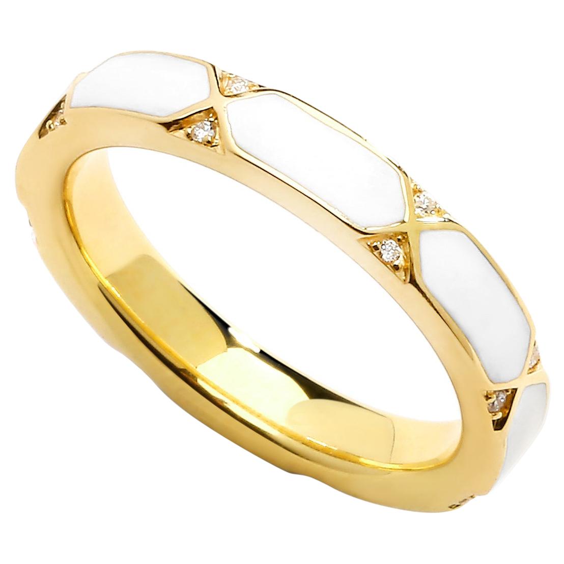 Syna Yellow Gold White Enamel Ring with Diamonds