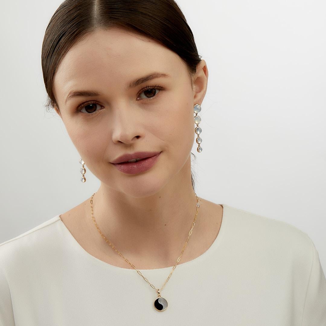 Round Cut Syna Yellow Gold Yin-Yang Pendant with Black Onyx, Mother of Pearl and Diamonds