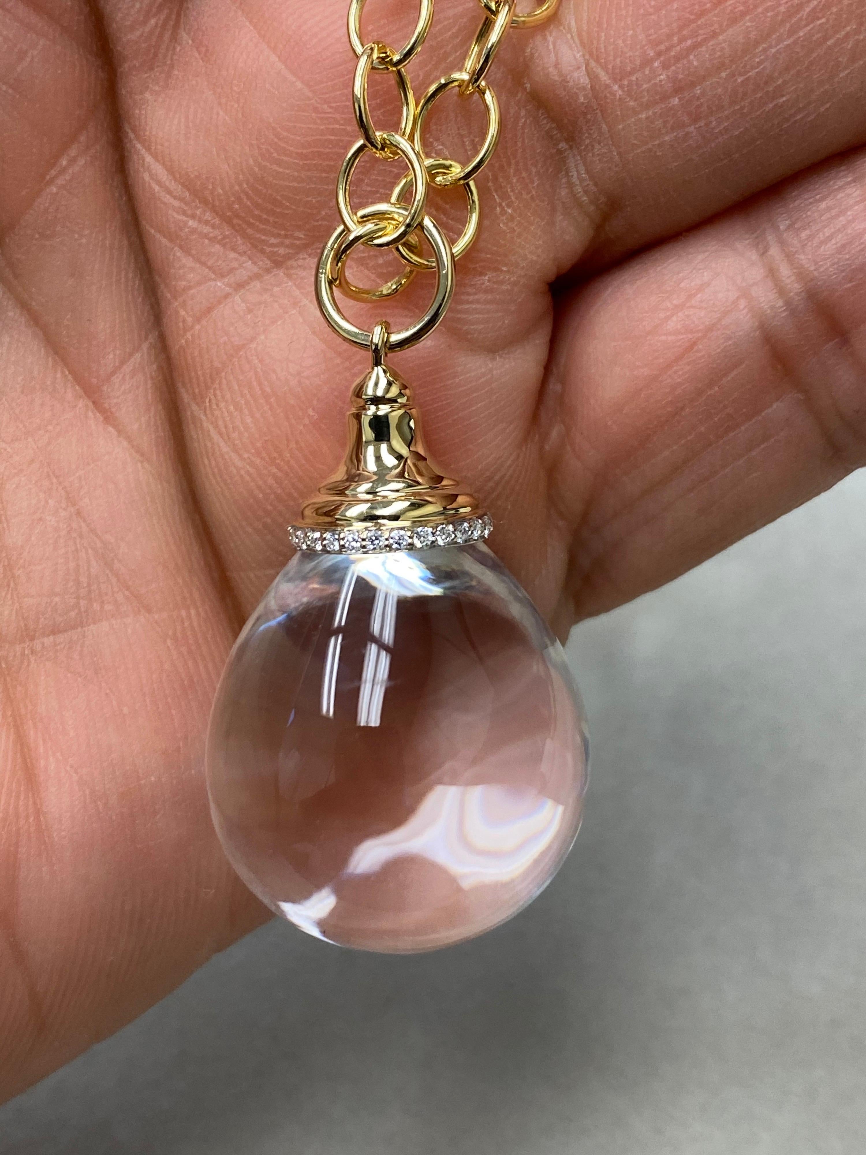 Round Cut Syna Yellow GoldRock Crystal Drop Pendant with Diamonds For Sale