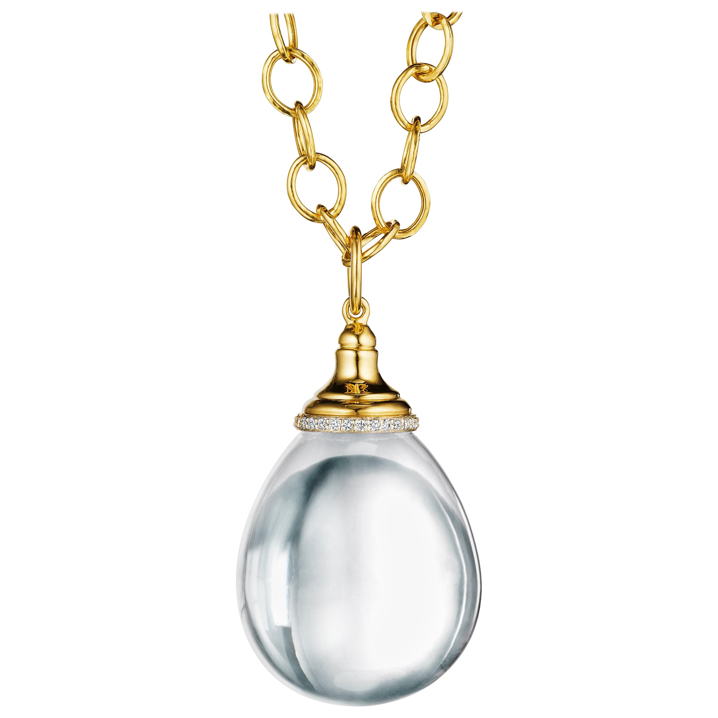 Syna Yellow GoldRock Crystal Drop Pendant with Diamonds For Sale