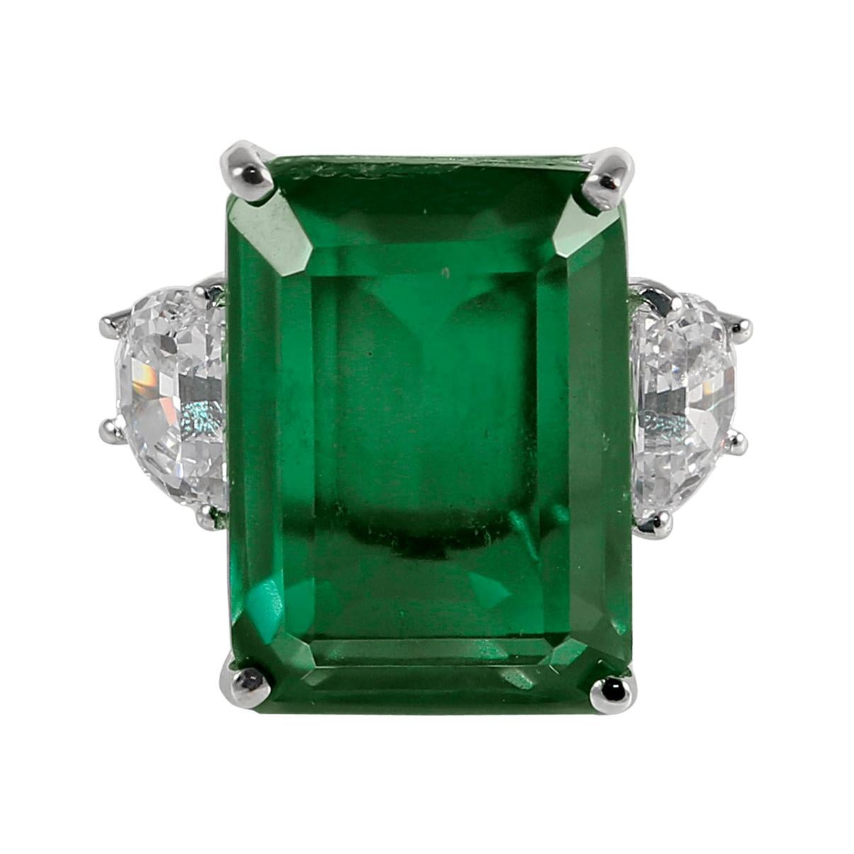 Designer Synthetic 20 Carat Rectangular Step Cut Emerald Diamond Ring