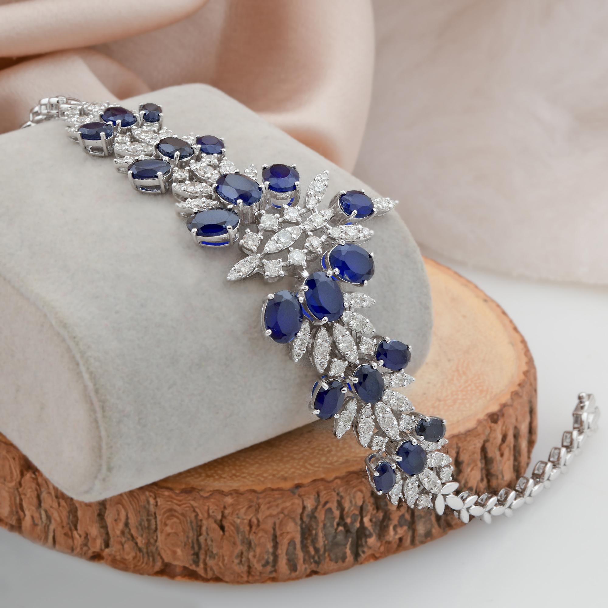 Blaues processiertes Edelsteinarmband Natürlicher Diamant Pave 14k Weißgold Schmuck (Moderne) im Angebot