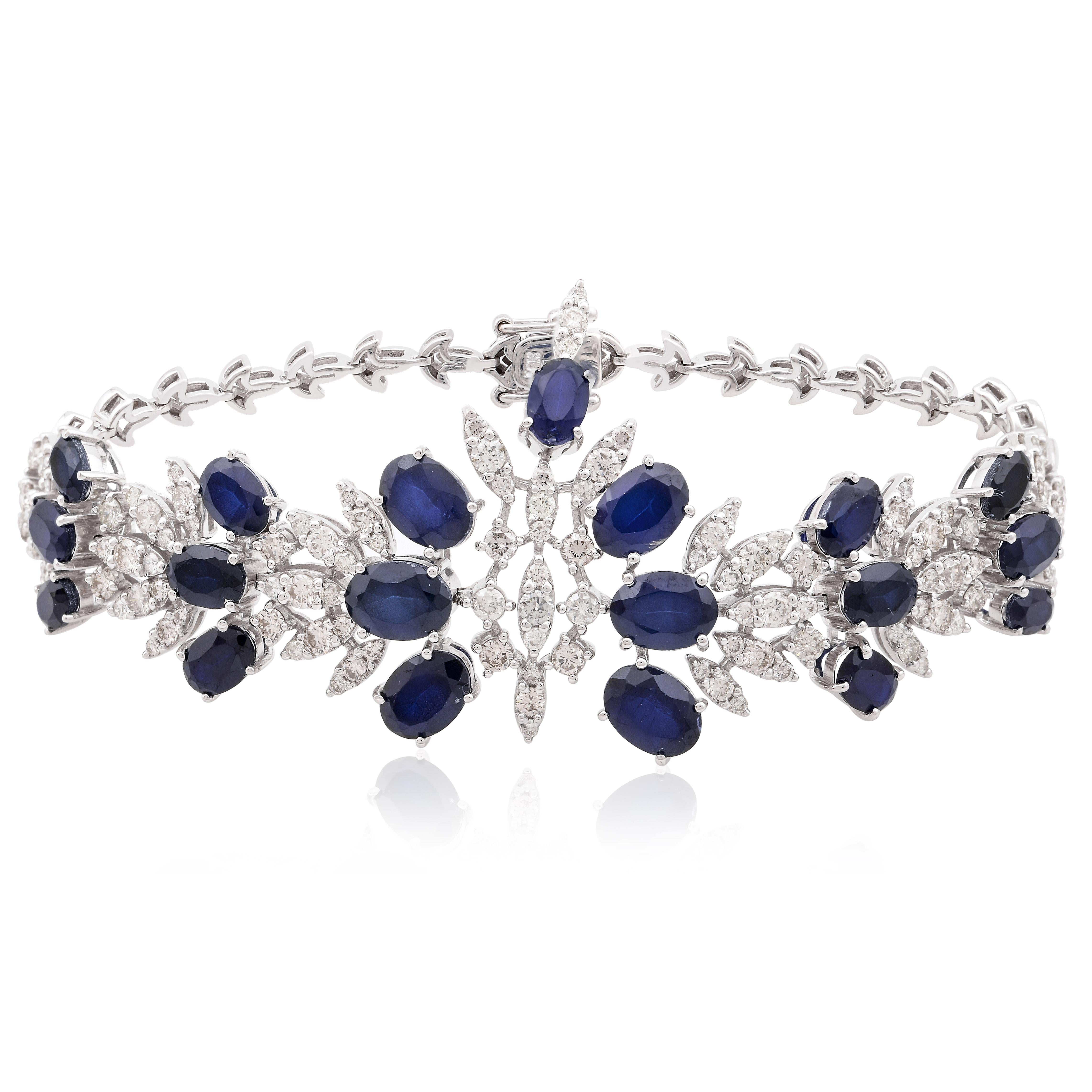 Oval Cut Blue Processed Gemstone Bracelet Natural Diamond Pave 18k White Gold Jewelry For Sale