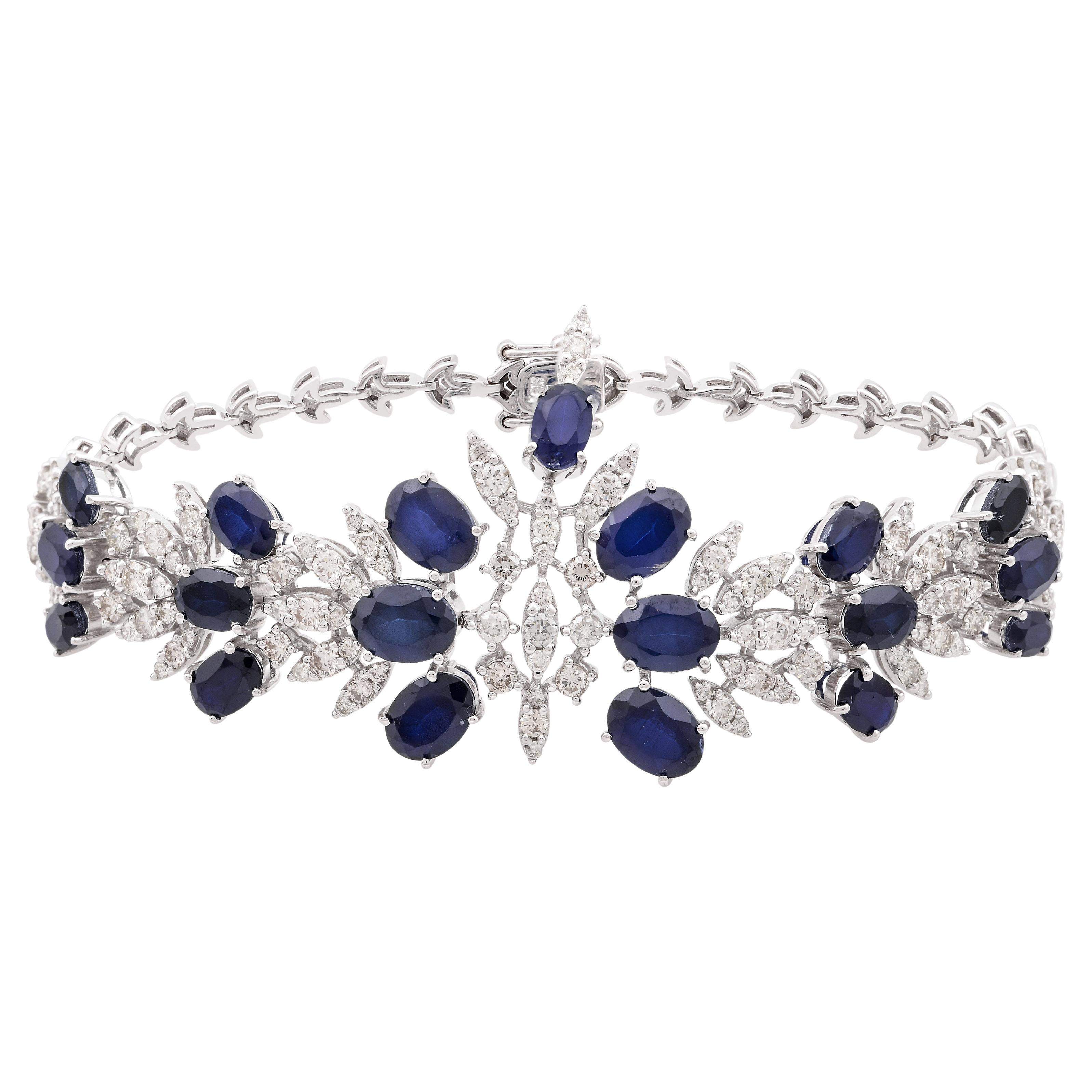 Blaues processiertes Edelsteinarmband Natürlicher Diamant Pave 18k Weißgold Schmuck im Angebot