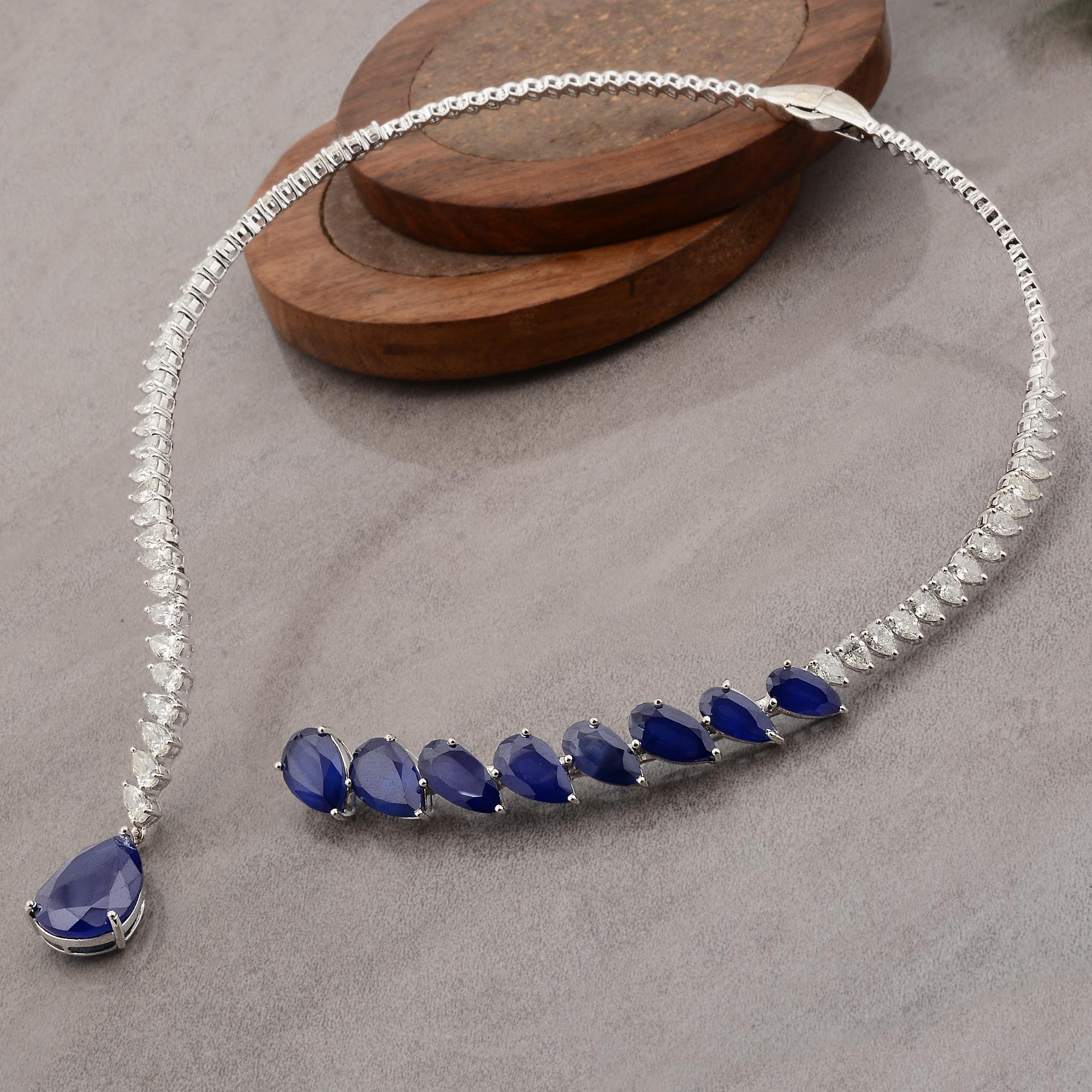 Blau verarbeitete Edelstein Kragen Manschette Halskette Birne Diamant 18k Weißgold Schmuck (Moderne) im Angebot