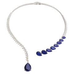 Blue Processed Gemstone Collar Cuff Necklace Pear Diamond 18k White Gold Jewelry