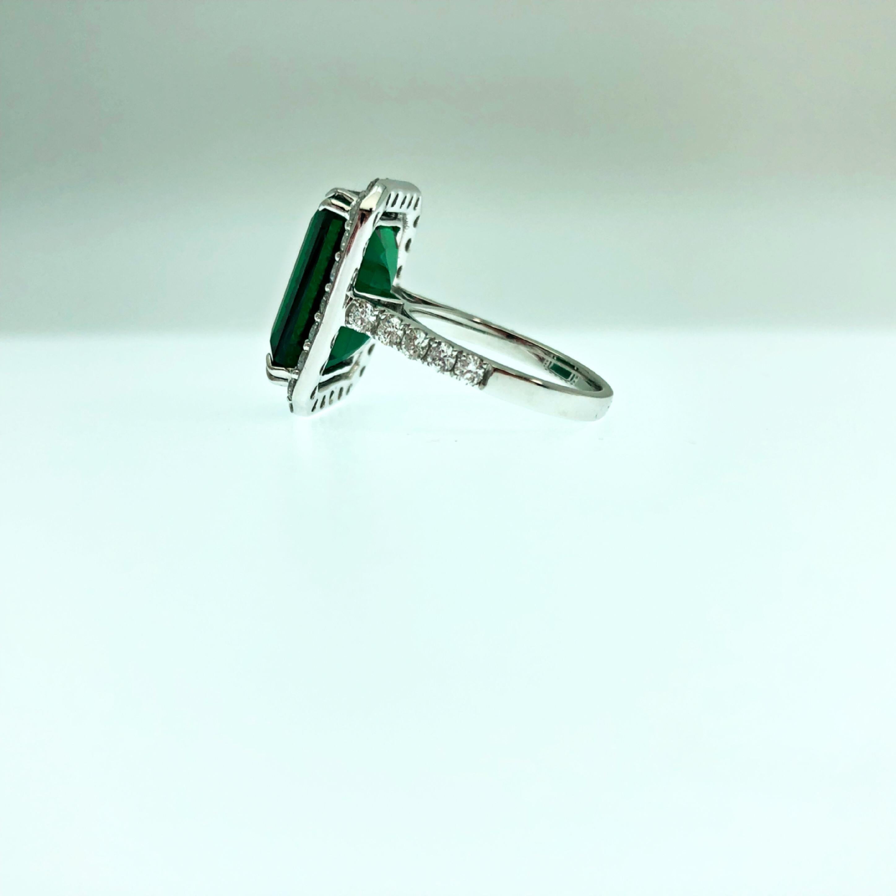 Emerald Cut Synthetic Deep Vivid Green Emerald and Brilliant Natural Diamonds Statement Ring