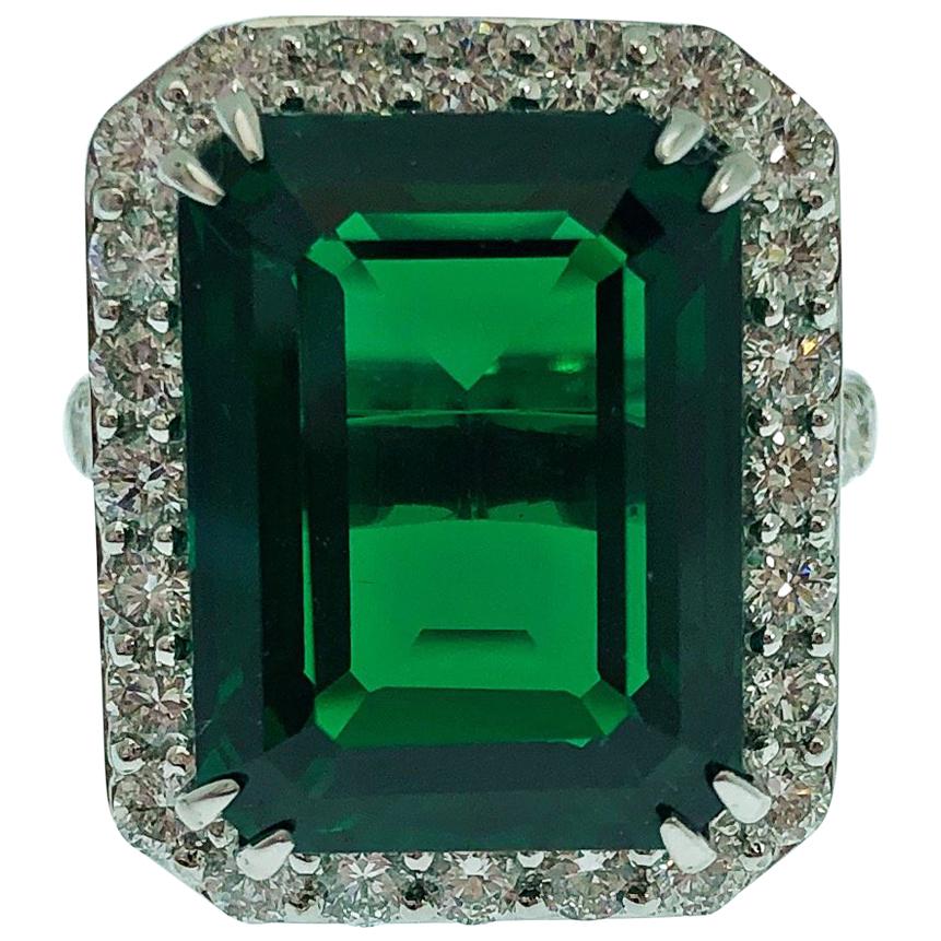 Synthetic Deep Vivid Green Emerald and Brilliant Natural Diamonds Statement Ring