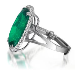 Synthetic Emerald and Diamond Cocktail Ring 18K White Gold Size US 6.5-7