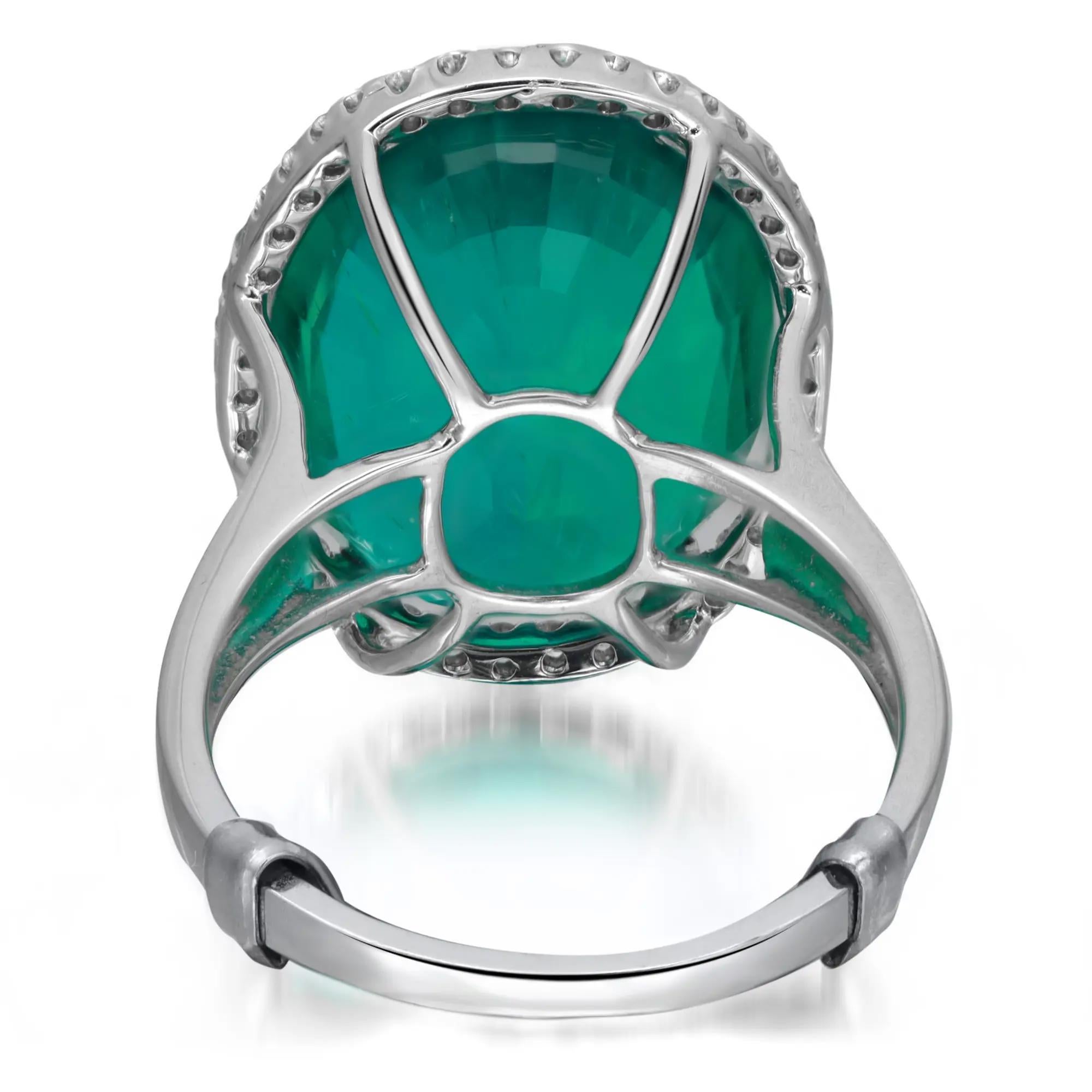 Oval Cut Synthetic Emerald and Diamond Cocktail Ring 18K White Gold Size US 6.5-7 For Sale