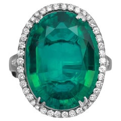 Synthetic Emerald and Diamond Cocktail Ring 18K White Gold Size US 6.5-7