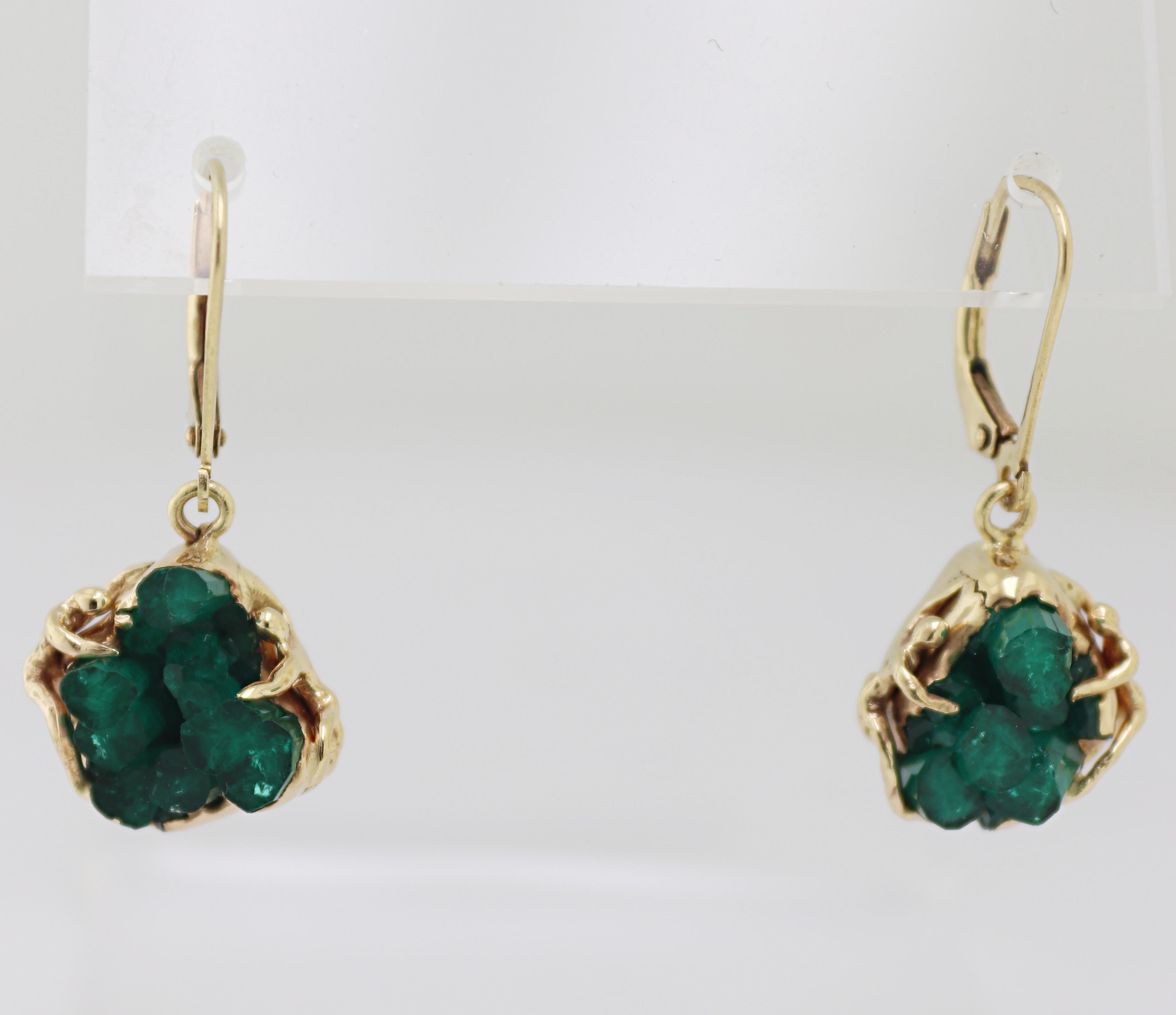 Synthetic Emerald Crystal Cluster, White Sapphire, Yellow Gold Ring, Earrings For Sale 4