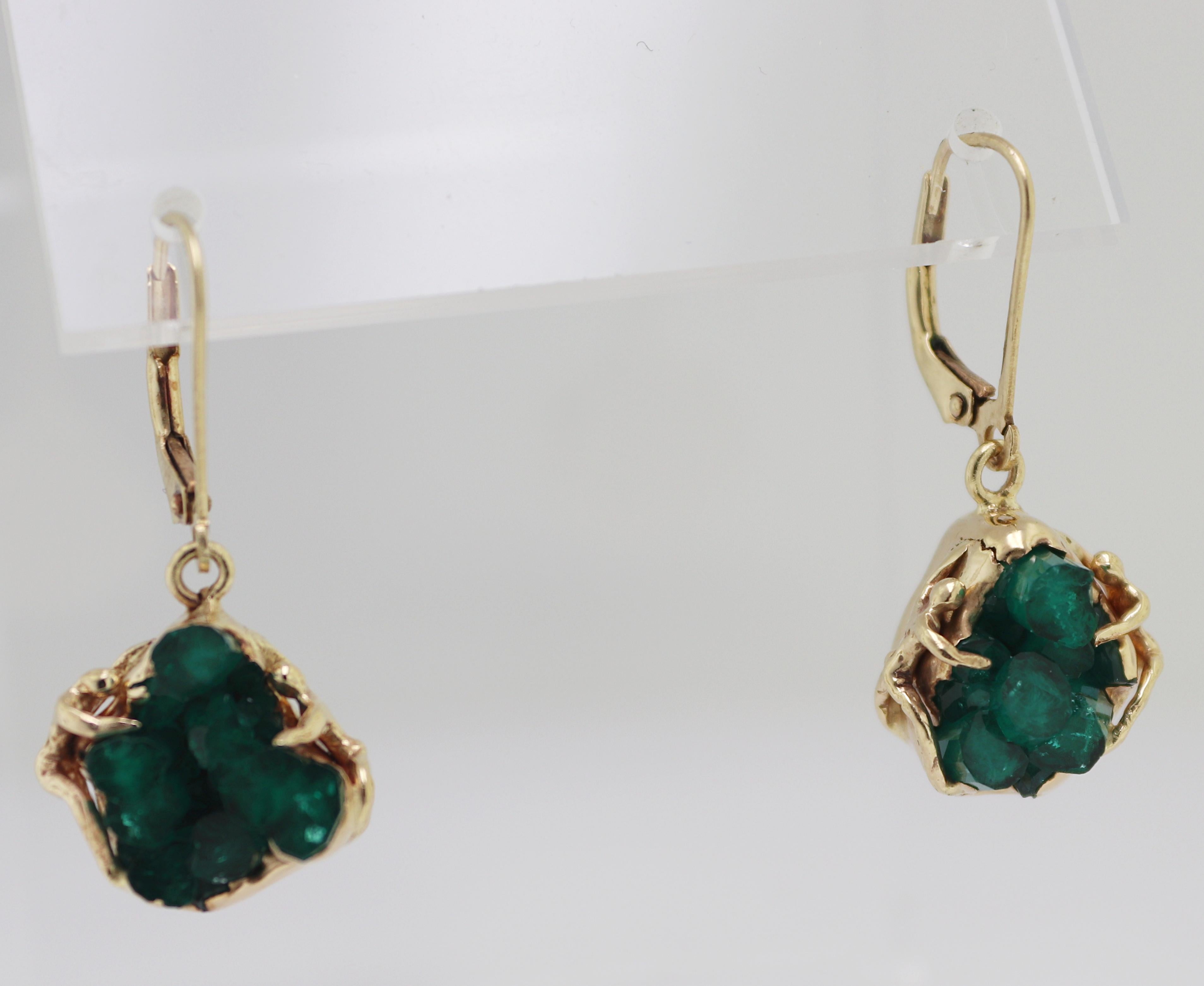 Synthetic Emerald Crystal Cluster, White Sapphire, Yellow Gold Ring, Earrings For Sale 5