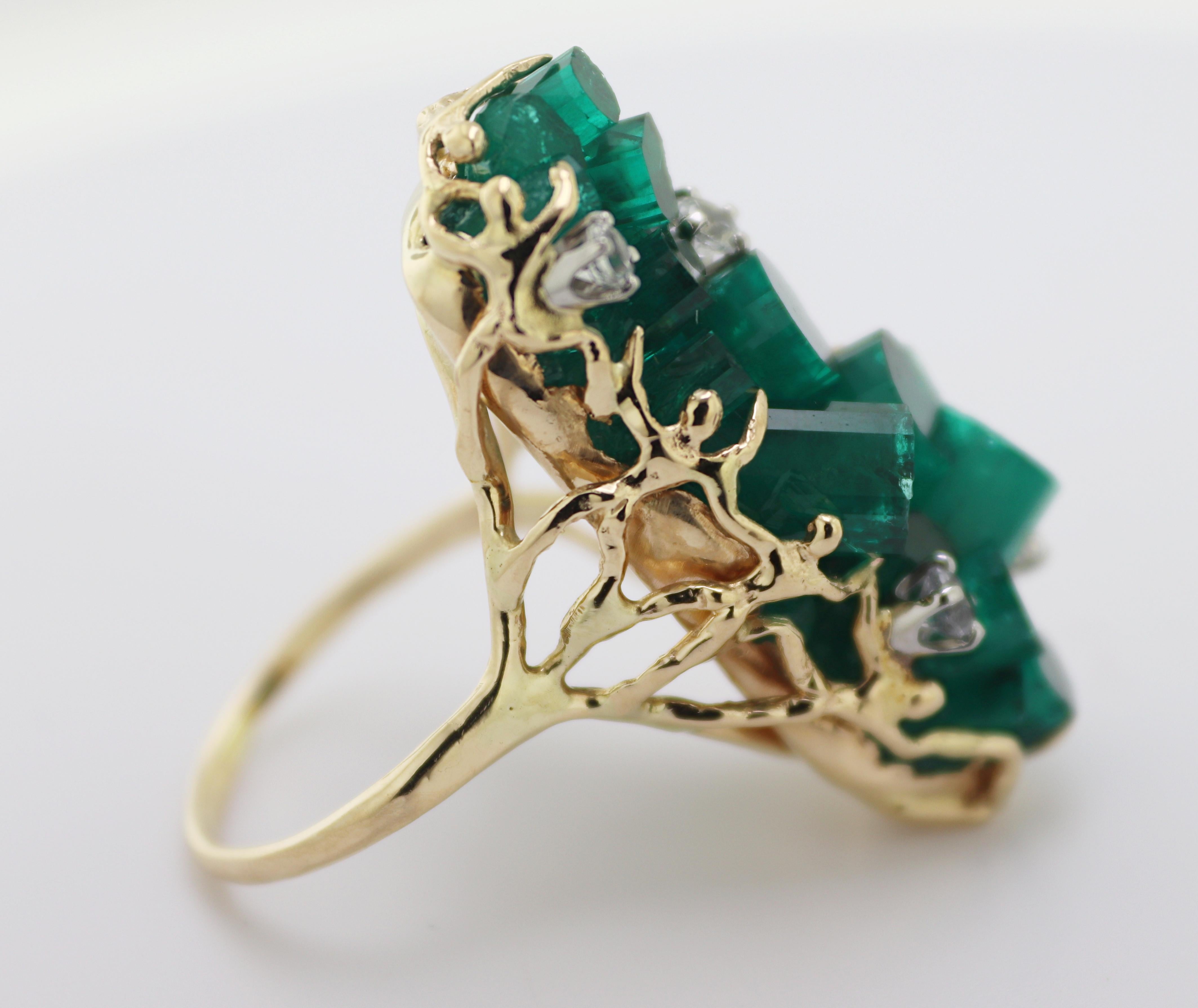 Artisan Synthetic Emerald Crystal Cluster, White Sapphire, Yellow Gold Ring, Earrings For Sale
