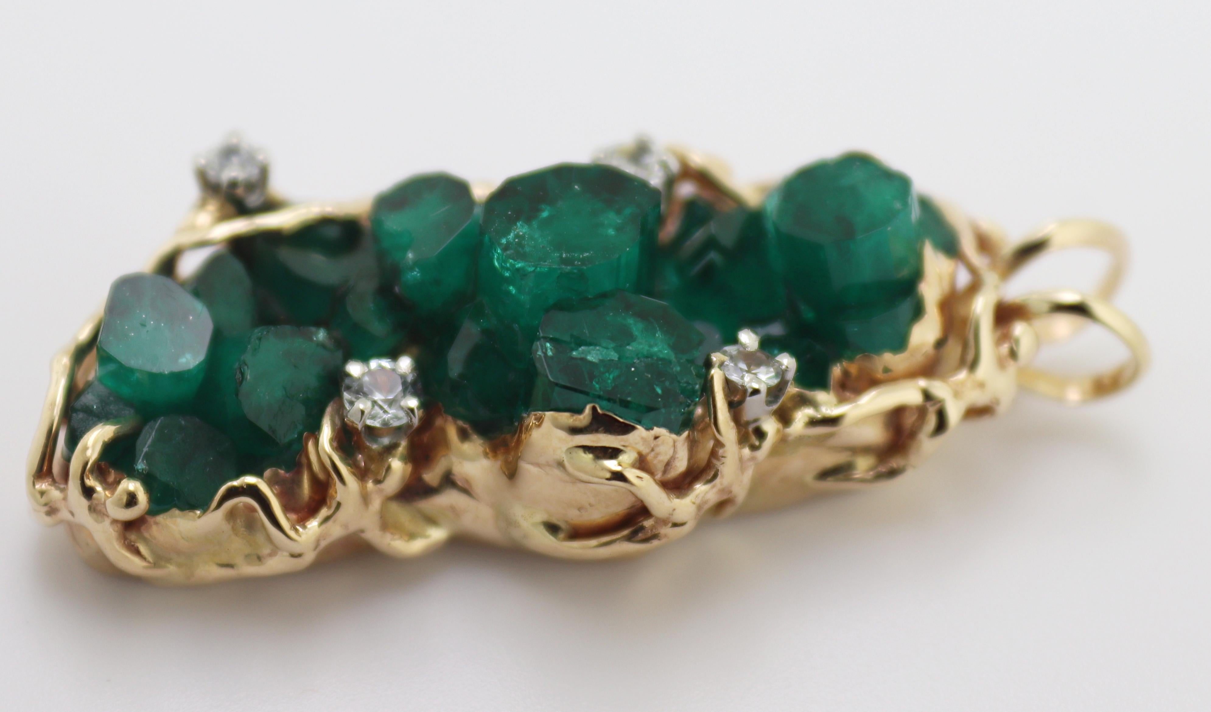 Women's or Men's Synthetic Emerald Crystal Cluster, White Sapphire, Yellow Gold Ring, Earrings For Sale