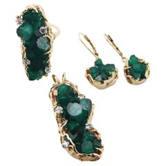 Vintage Synthetic Emerald Crystal Cluster, White Sapphire, Yellow Gold Ring, Earrings