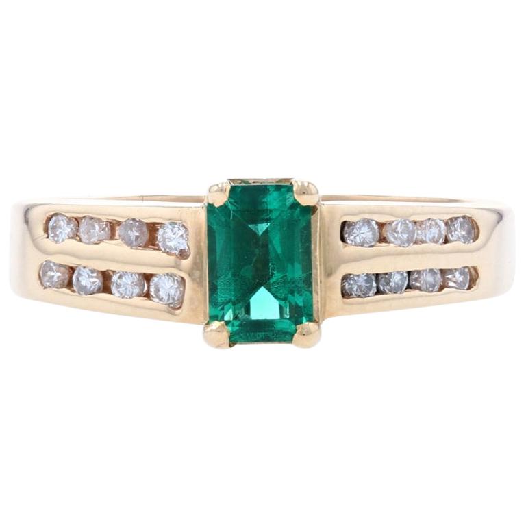 Synthetic Emerald Solitaire Ring, 14k Yellow Gold Diamond Band Accents .79ctw
