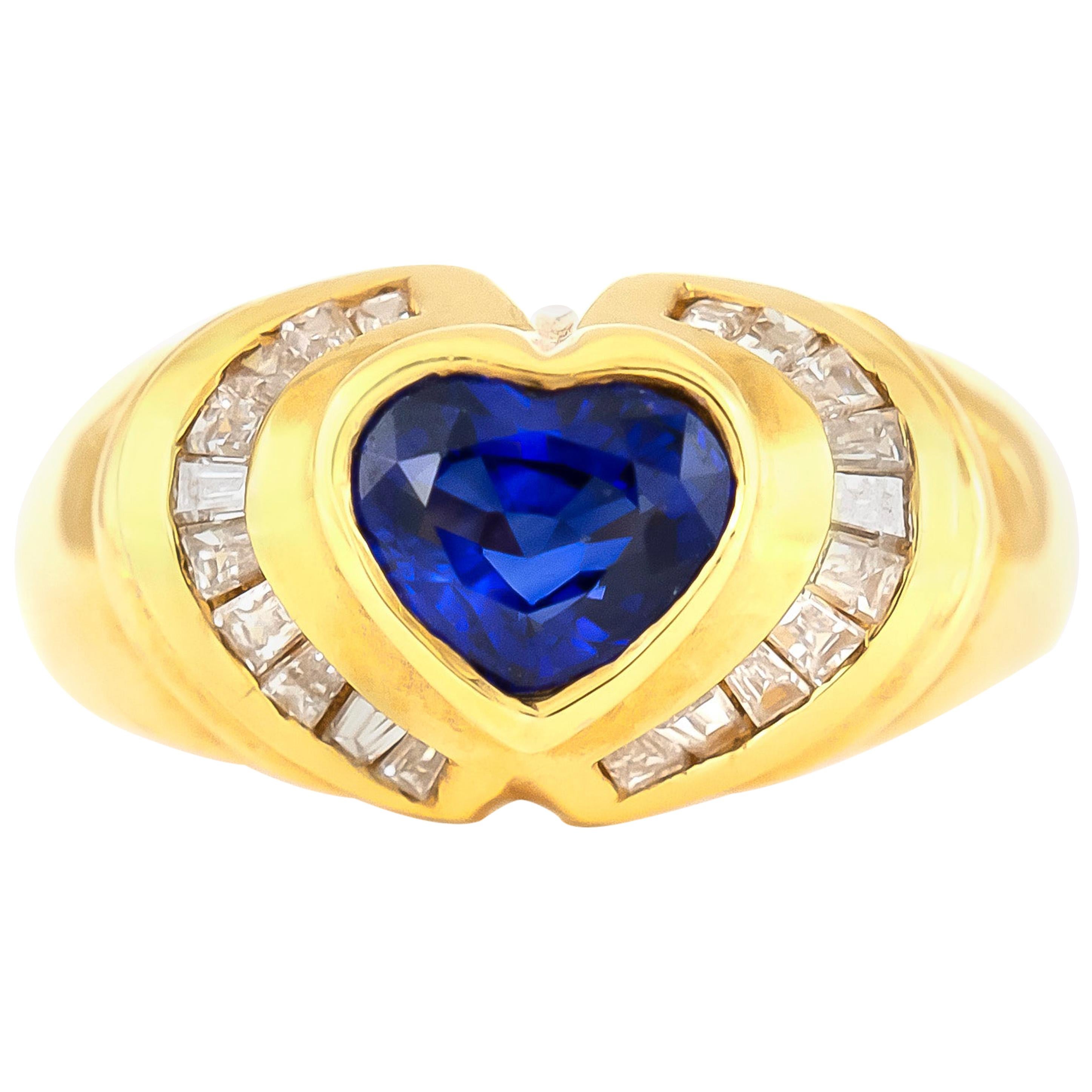Synthetic Heart Sapphire with Emerald Cut Diamonds Ring For Sale
