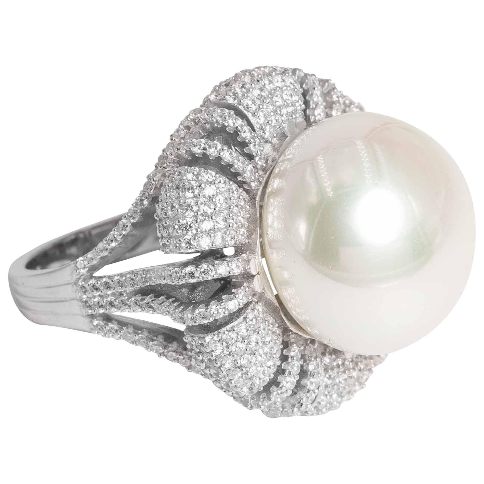 Large South Sea  Pearl Faux  Cubic Zirconia Cocktail Ring by Clive Kandel